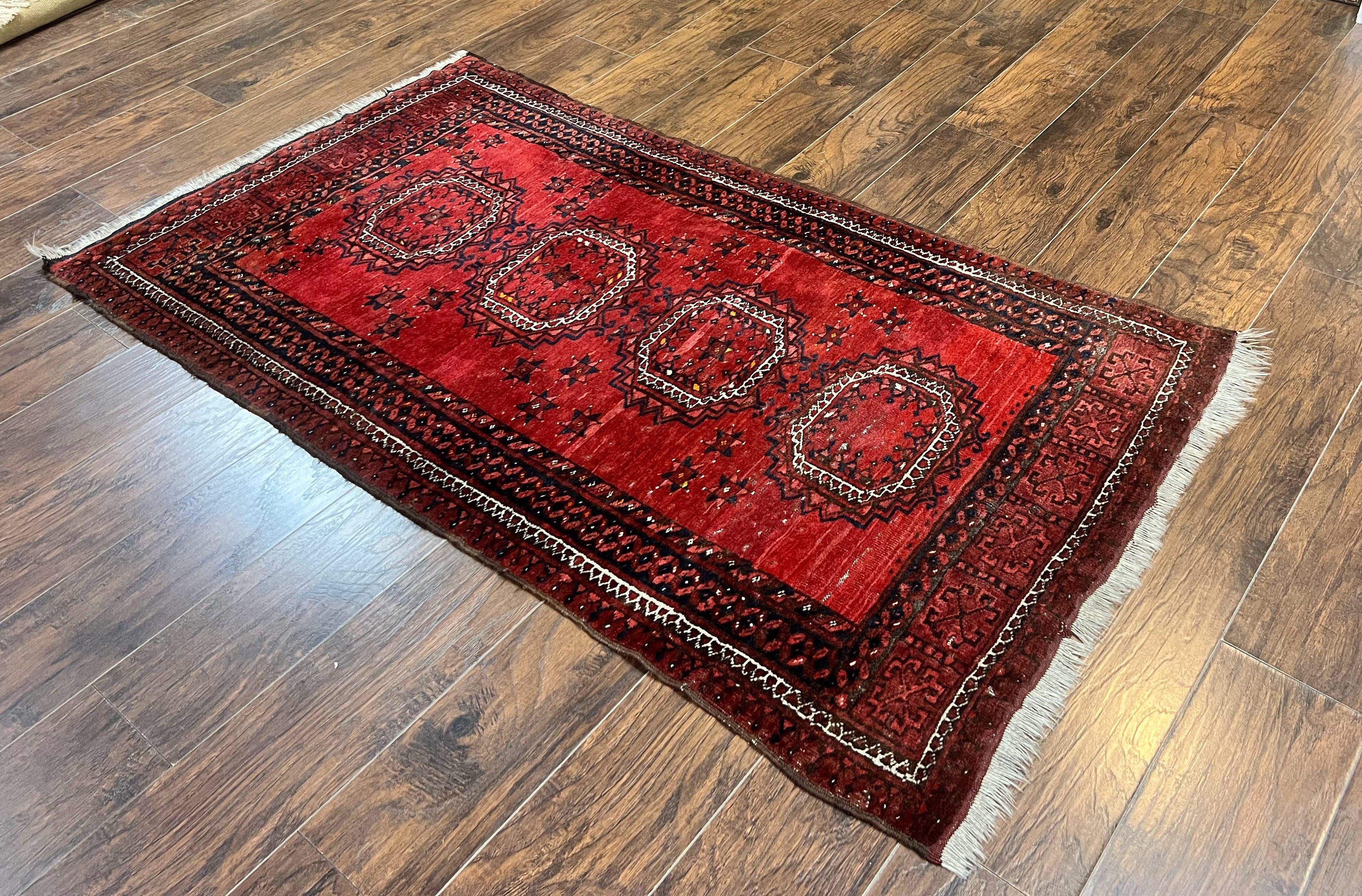 Afghan Rug 3x6, Semi Antique Vintage Oriental Carpet, Wool Handmade Red Rug, Tribal Rug, Afghan Beshir Rug - Image 2