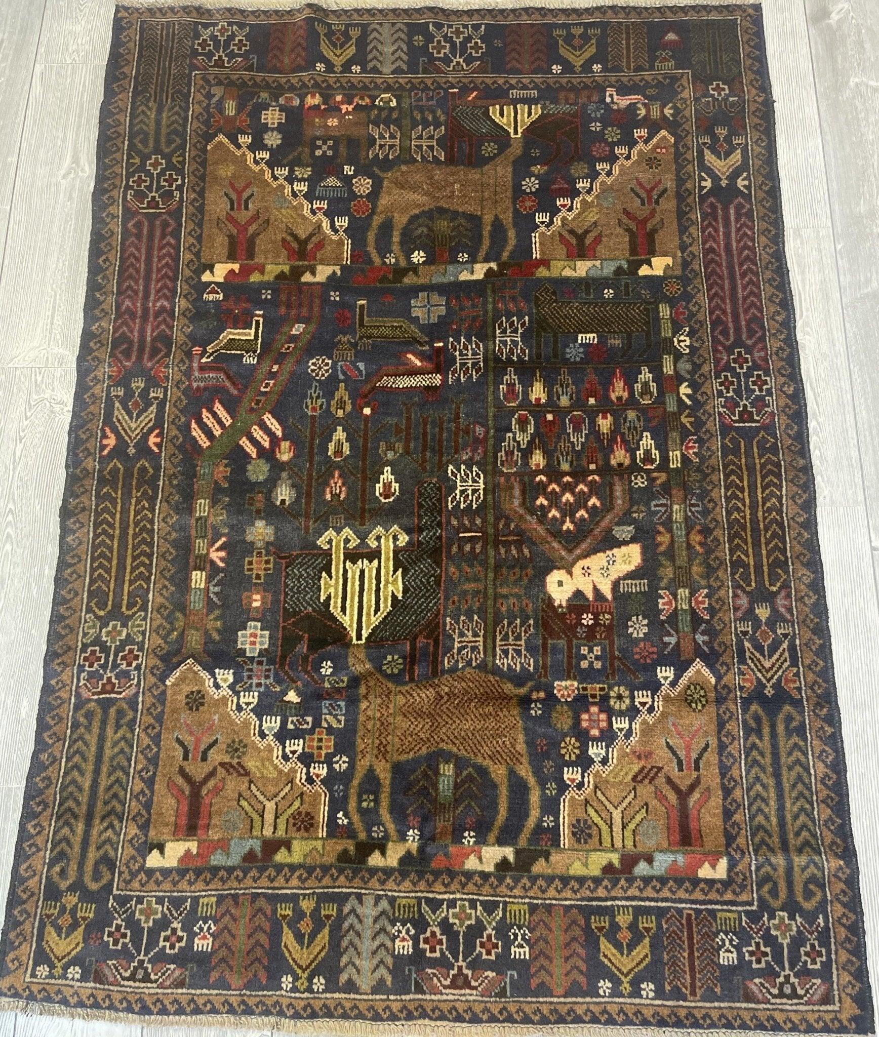 Afghani Vintage Pictorial Rug I Tribal Baluchi 3'6''X5'5'' - Image 2