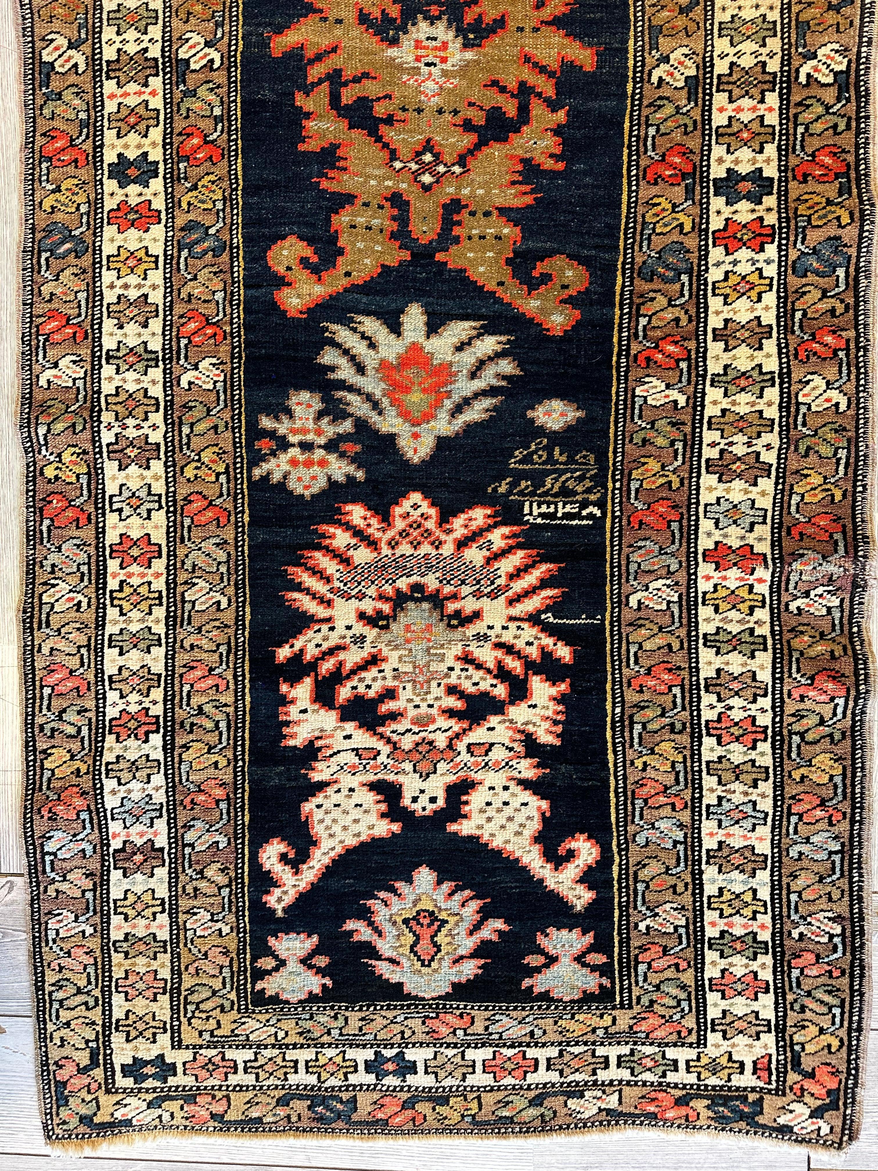 Antique Caucasian Karabakh Signed & Dated Wool on Wool Runner Rug 3 X 7 - Image 3