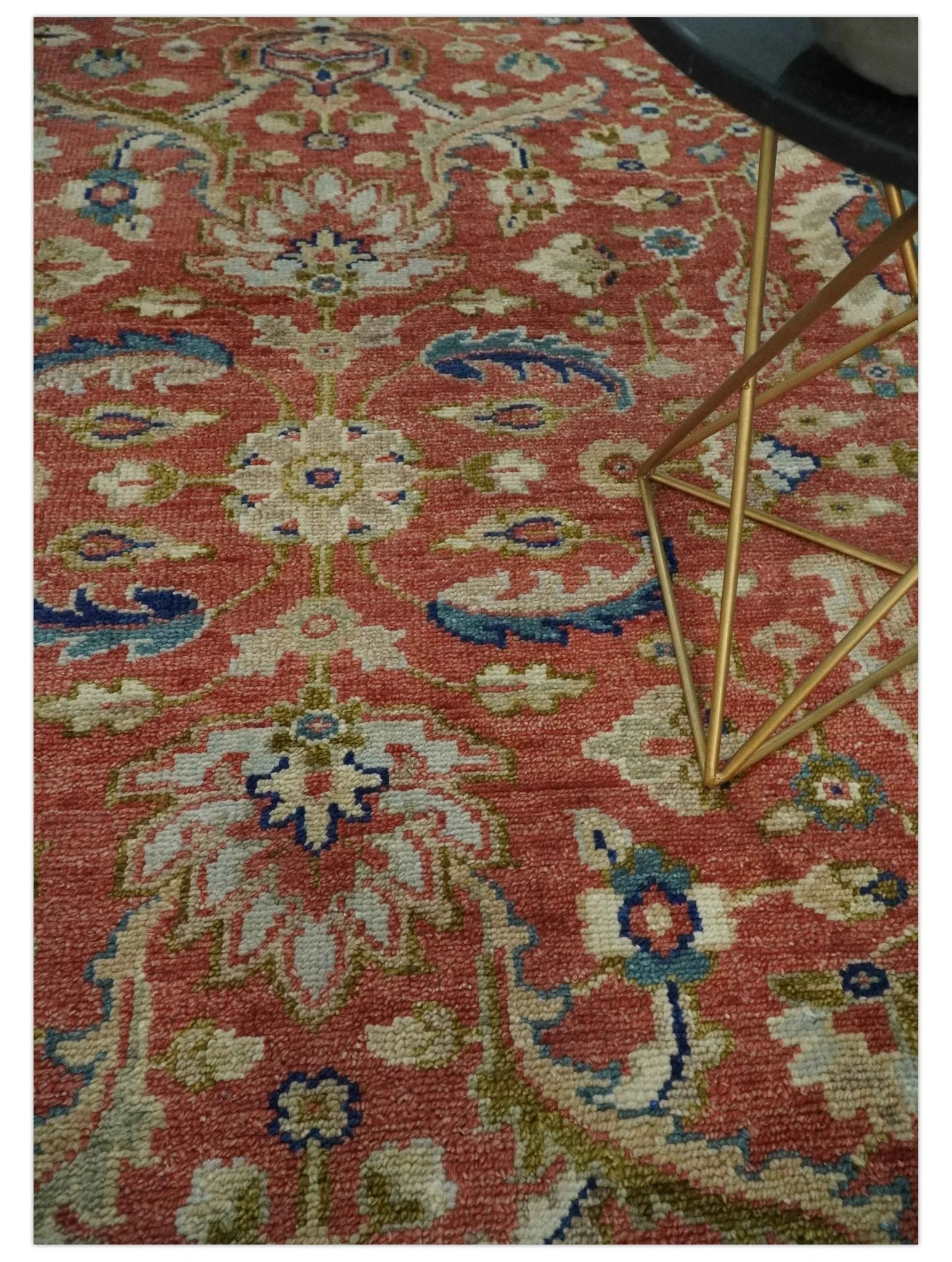 Antique Floral Style Rust, Teal, Ivory and Olive Hand Knotted Oriental Oushak 8x10 Wool Area Rug - Image 2