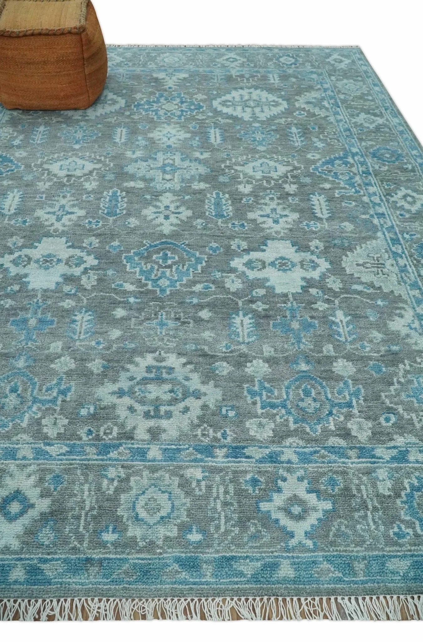 Antique Gray and Blue Hand Knotted 8x10 Oushak Turkish Wool Area Rug - Image 3