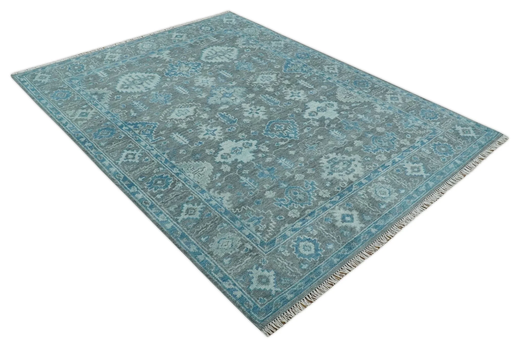 Antique Gray and Blue Hand Knotted 8x10 Oushak Turkish Wool Area Rug - Image 9