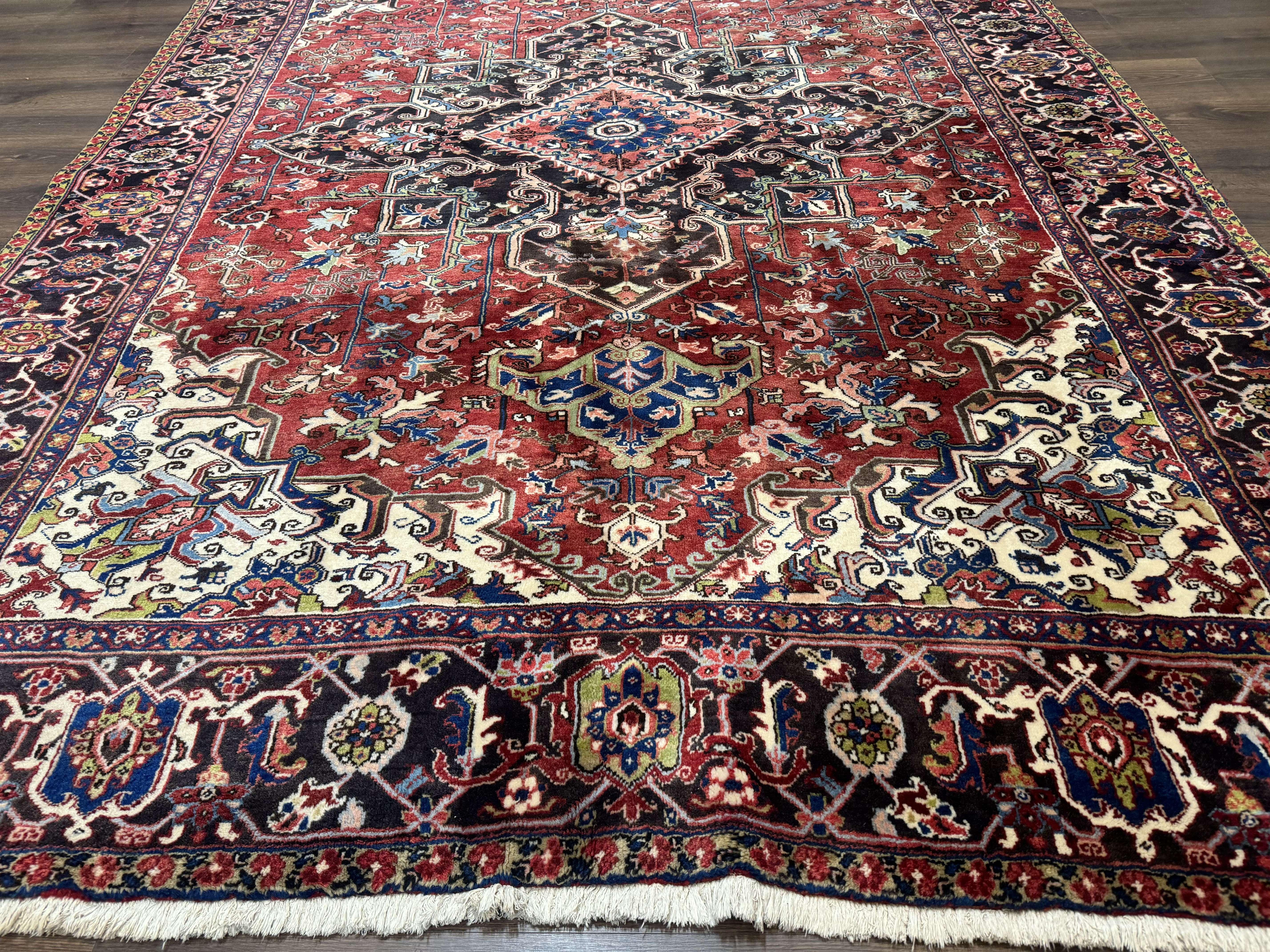 Antique Persian Heriz Rug 8x11, Geometric Tribal Wool Carpet, Brick Red - Image 5