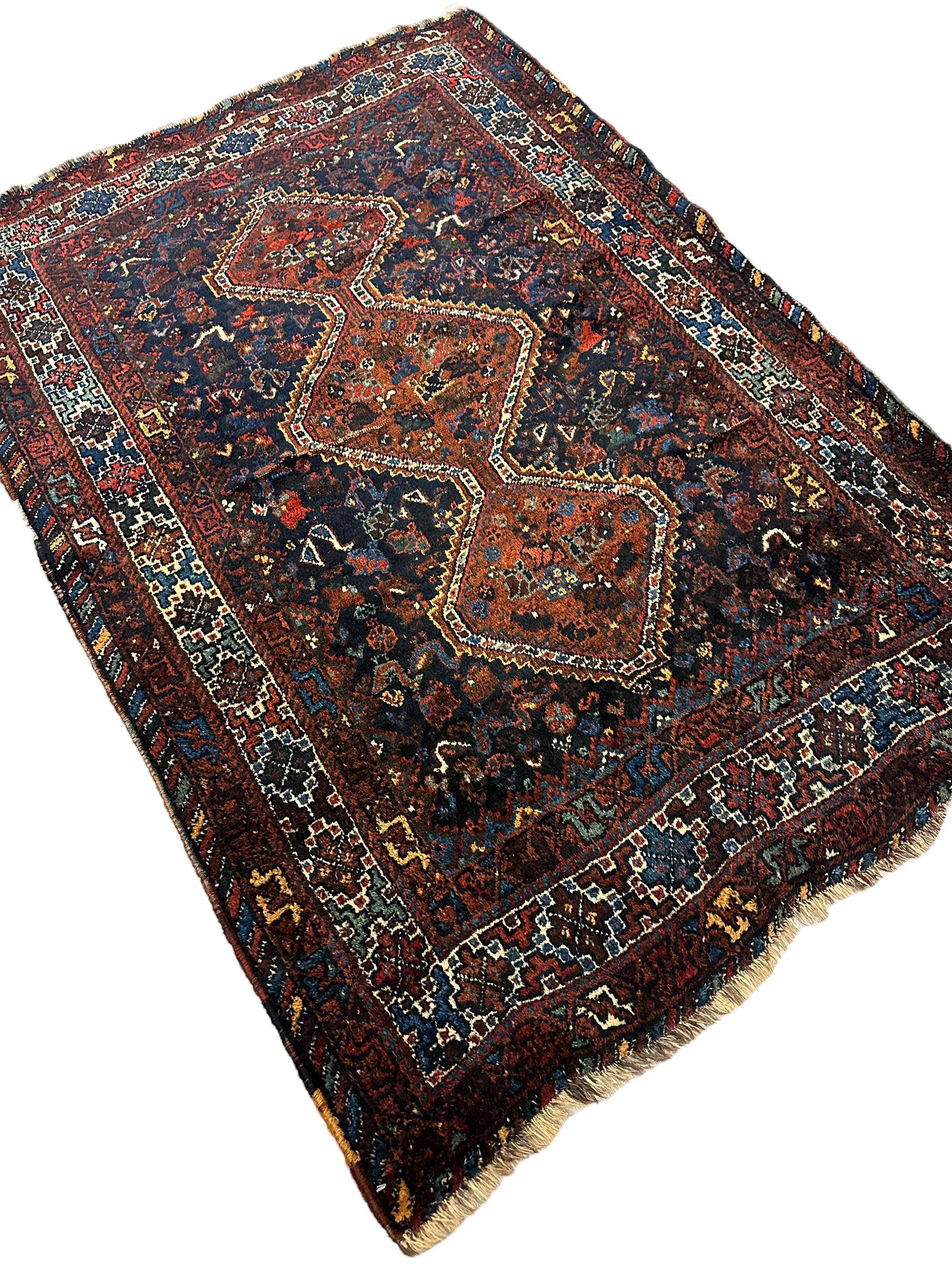 Antique Persian Khamseh Tribal Rug 4' x 5’10” - Image 13