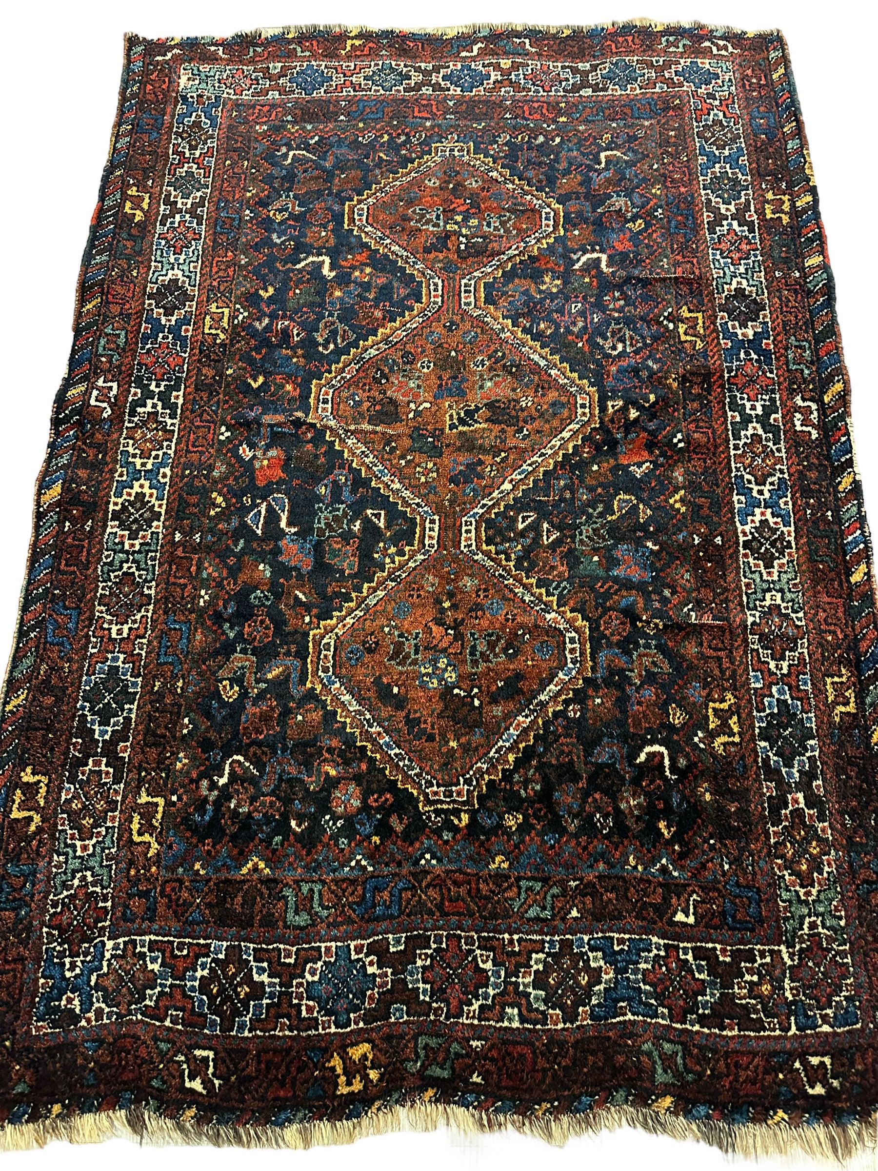 Antique Persian Khamseh Tribal Rug 4' x 5’10” - Image 7