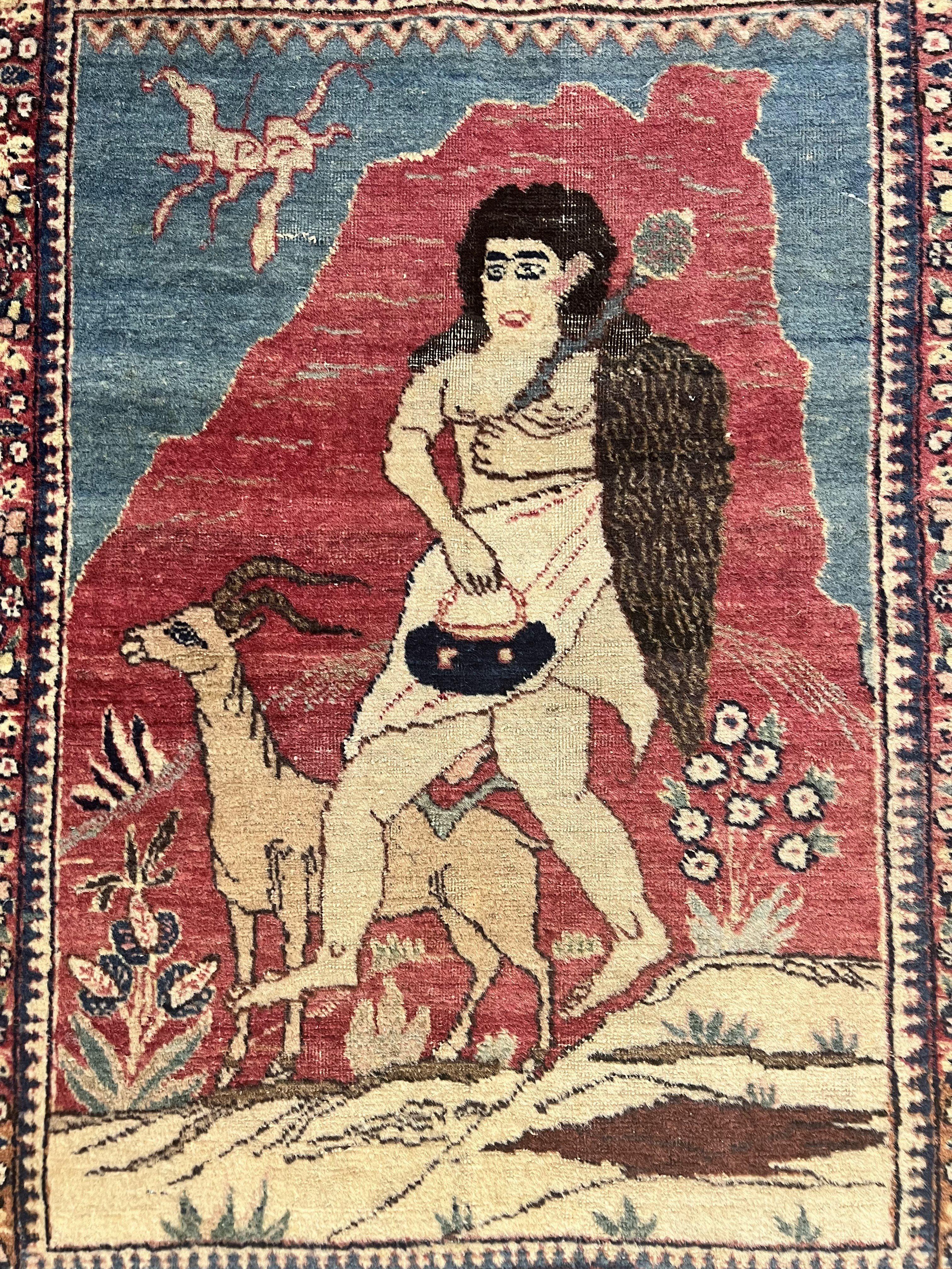 Antique Persian Kirman Rug 2 x 2.5, Small Hand Knotted Wool Carpet, Lavar Rug, Shepherd with Ram Pictorial Rug #1 - Image 3