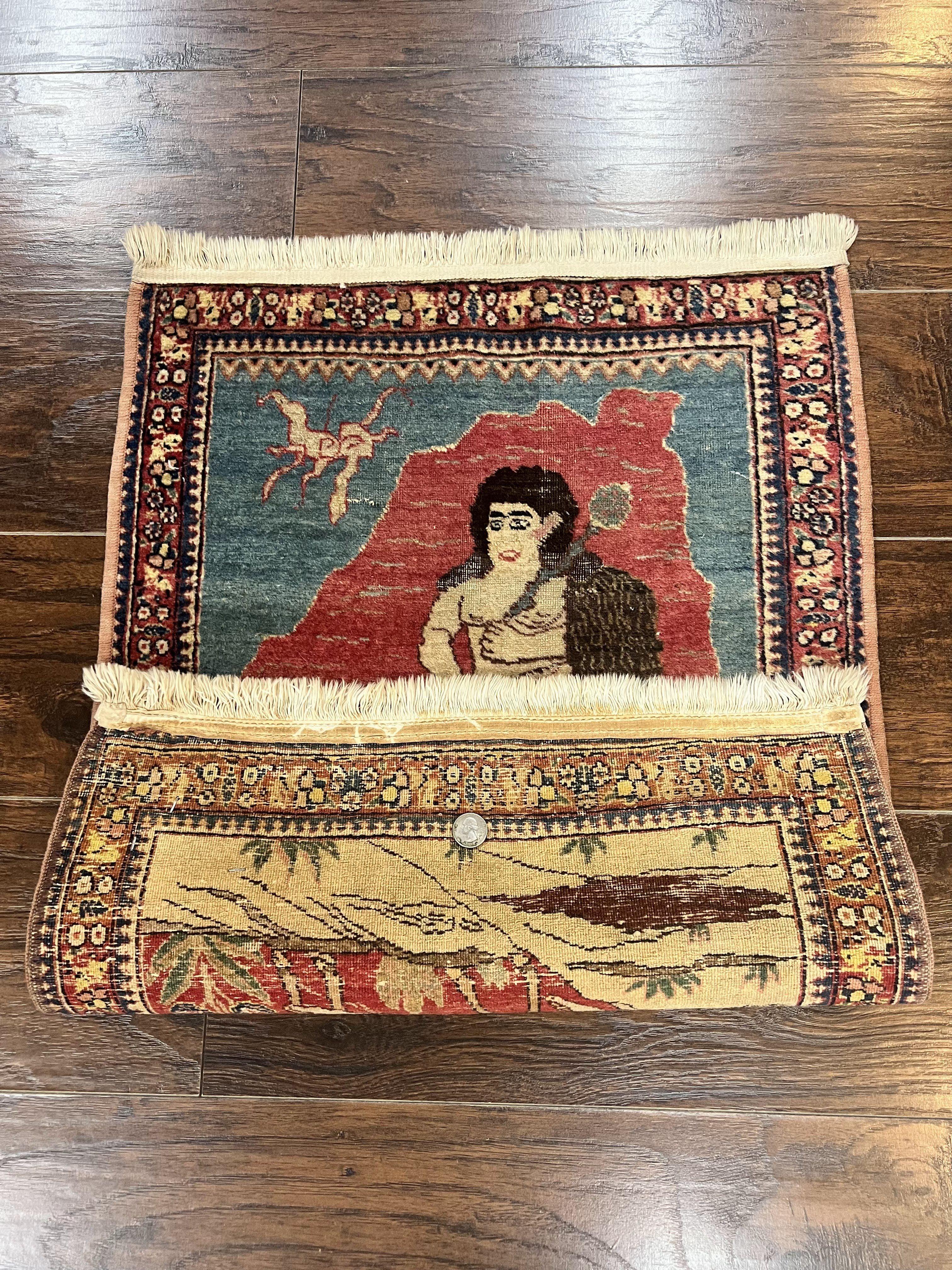 Antique Persian Kirman Rug 2 x 2.5, Small Hand Knotted Wool Carpet, Lavar Rug, Shepherd with Ram Pictorial Rug #1 - Image 6