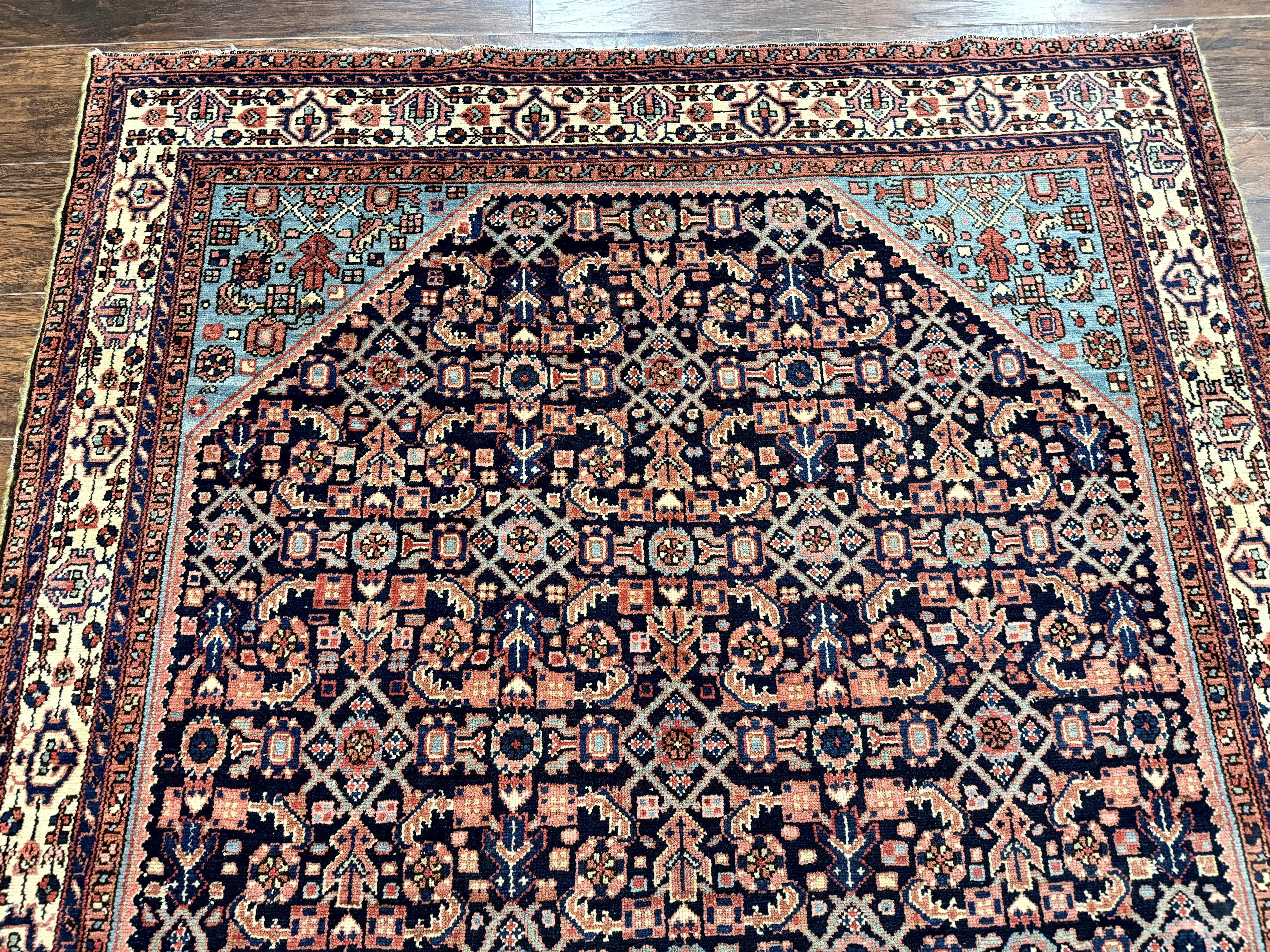 Antique Persian Rug 5 x 6.7, Navy Blue & Ivory, Handmade Persian Wool Carpet, Hamadan Angelas Rug - Image 12