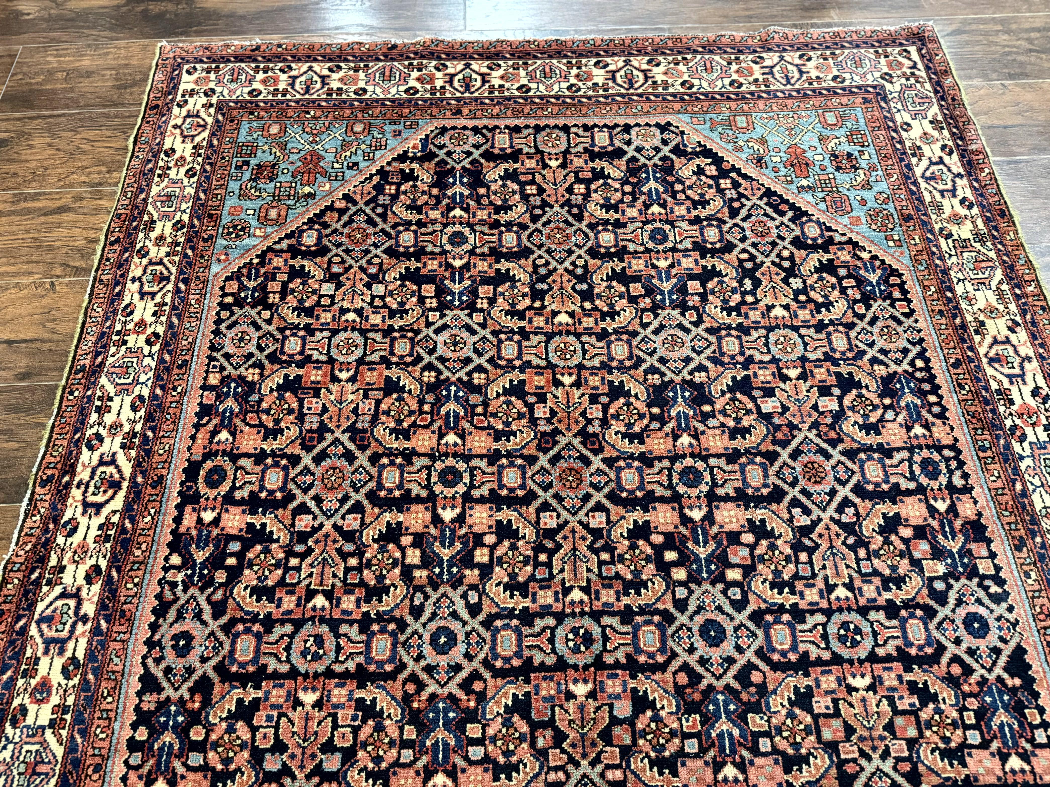 Antique Persian Rug 5 x 6.7, Navy Blue & Ivory, Handmade Persian Wool Carpet, Hamadan Angelas Rug - Image 2