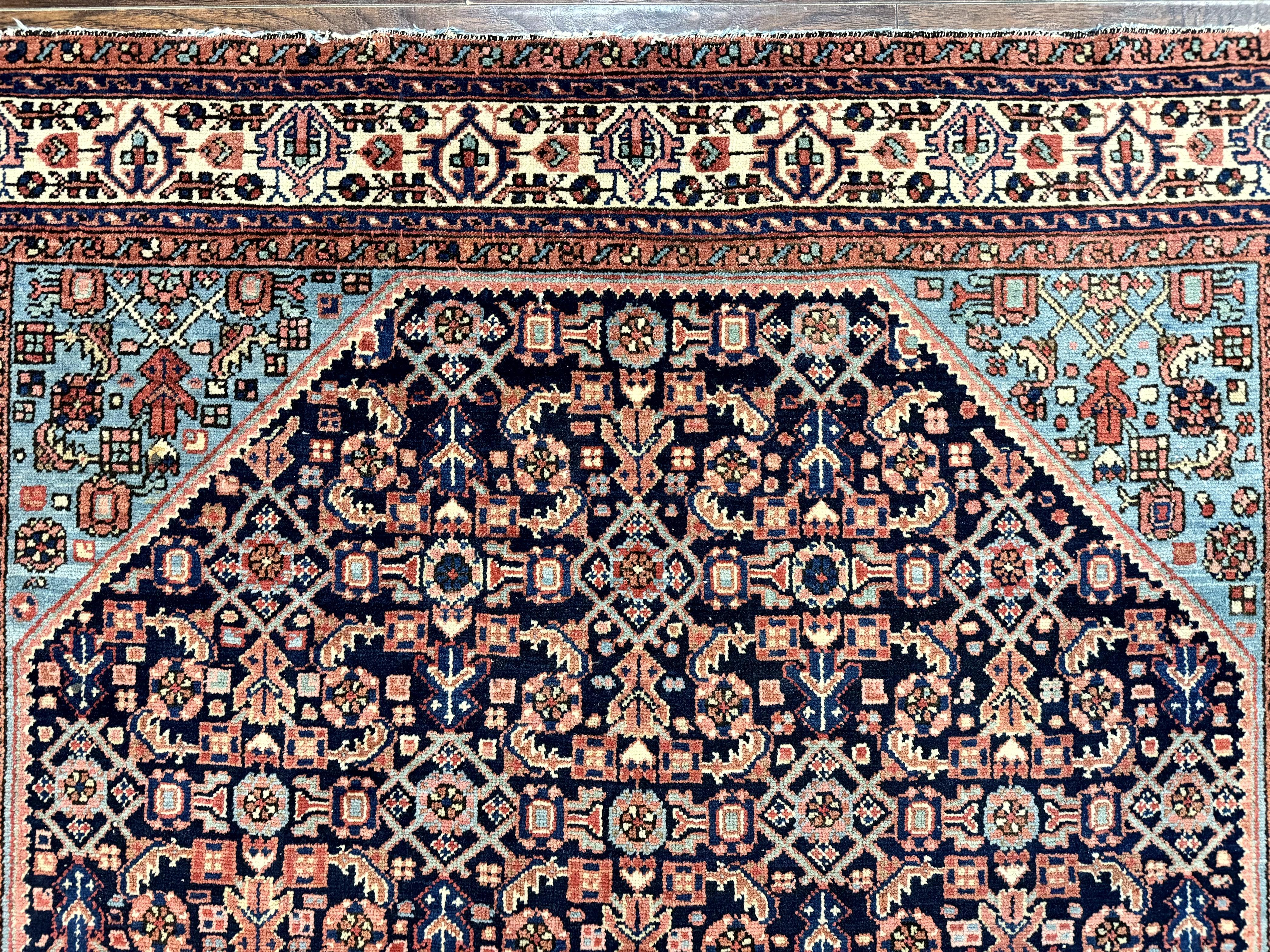 Antique Persian Rug 5 x 6.7, Navy Blue & Ivory, Handmade Persian Wool Carpet, Hamadan Angelas Rug - Image 3