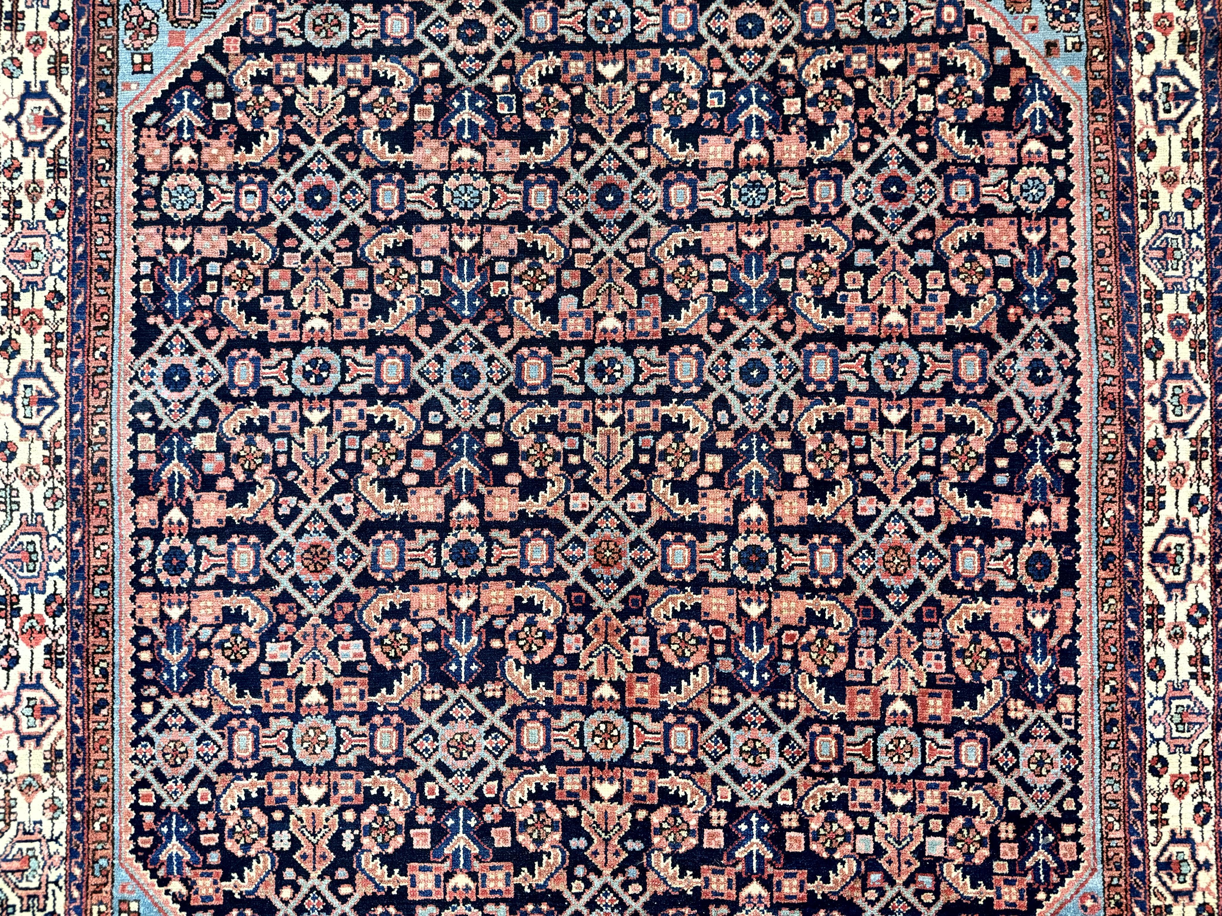 Antique Persian Rug 5 x 6.7, Navy Blue & Ivory, Handmade Persian Wool Carpet, Hamadan Angelas Rug - Image 4