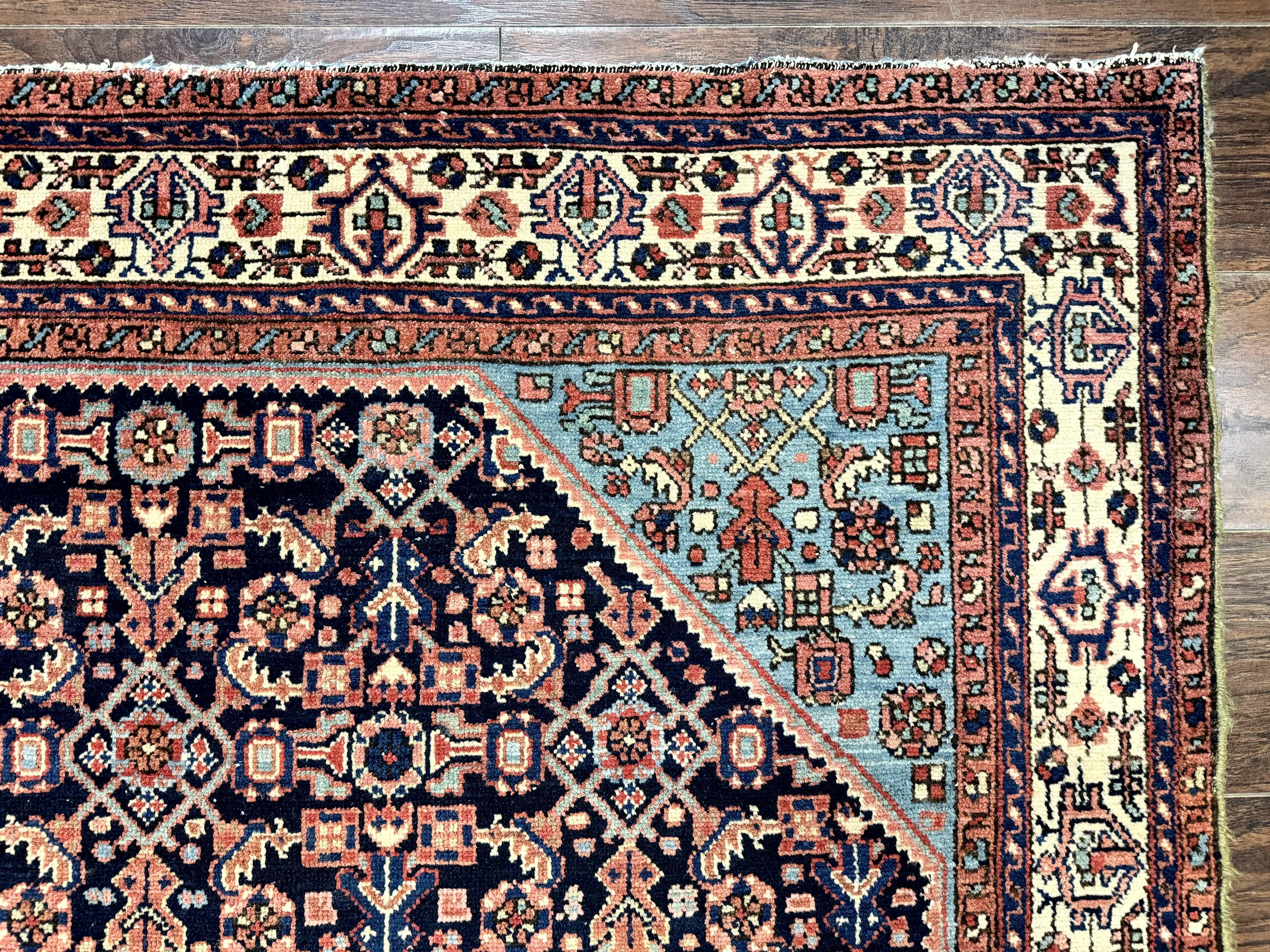 Antique Persian Rug 5 x 6.7, Navy Blue & Ivory, Handmade Persian Wool Carpet, Hamadan Angelas Rug - Image 7