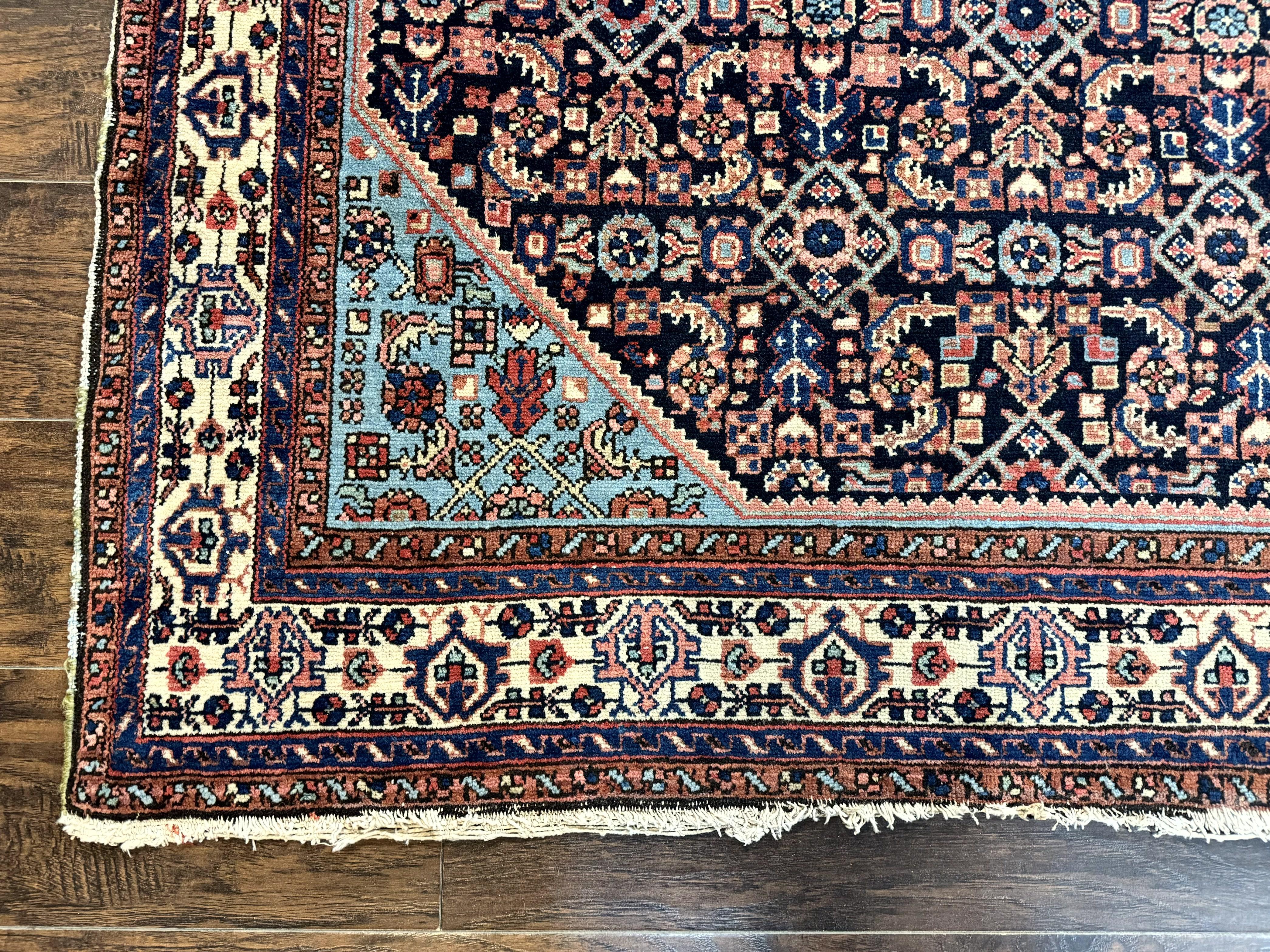 Antique Persian Rug 5 x 6.7, Navy Blue & Ivory, Handmade Persian Wool Carpet, Hamadan Angelas Rug - Image 8