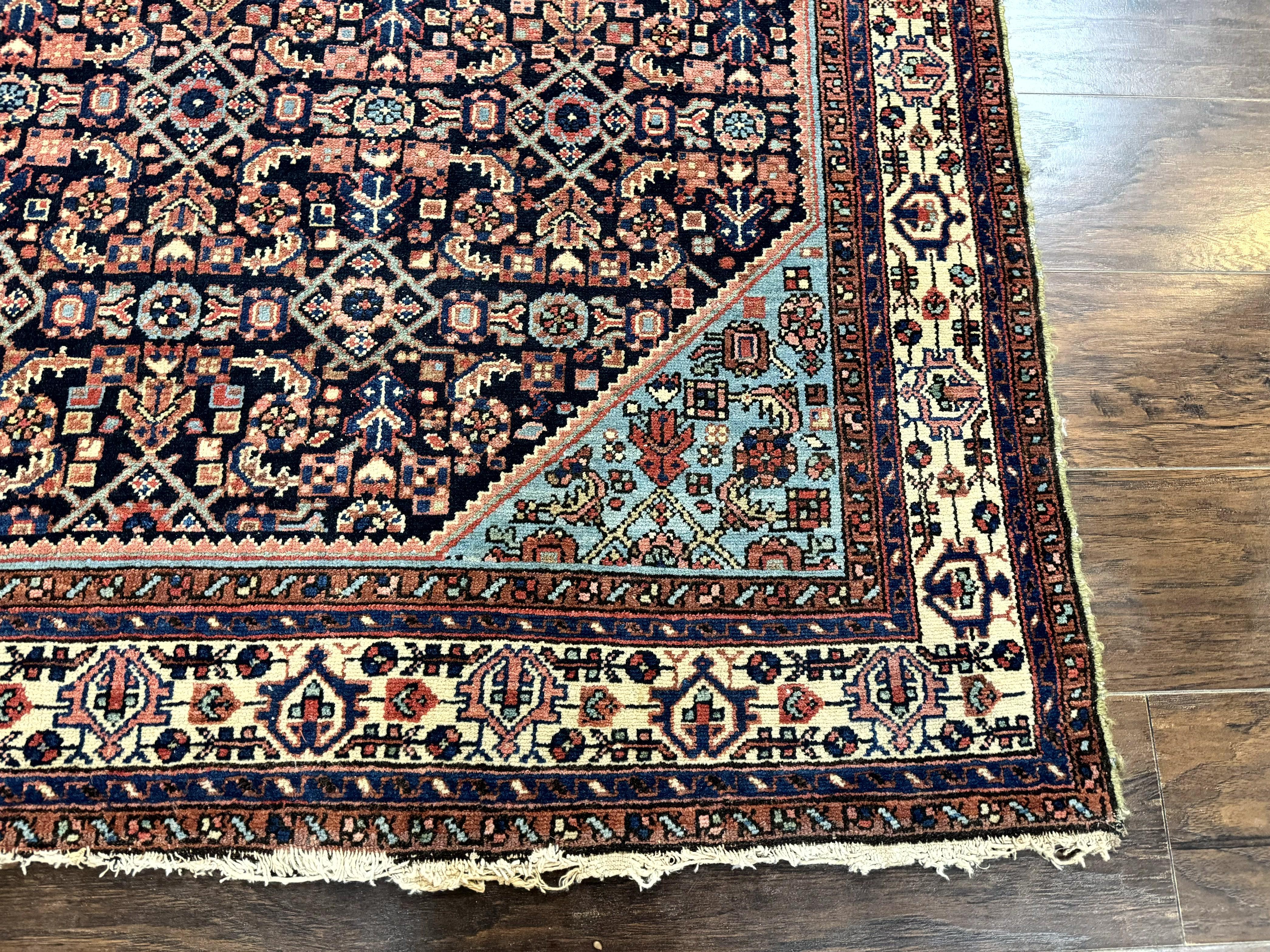 Antique Persian Rug 5 x 6.7, Navy Blue & Ivory, Handmade Persian Wool Carpet, Hamadan Angelas Rug - Image 9