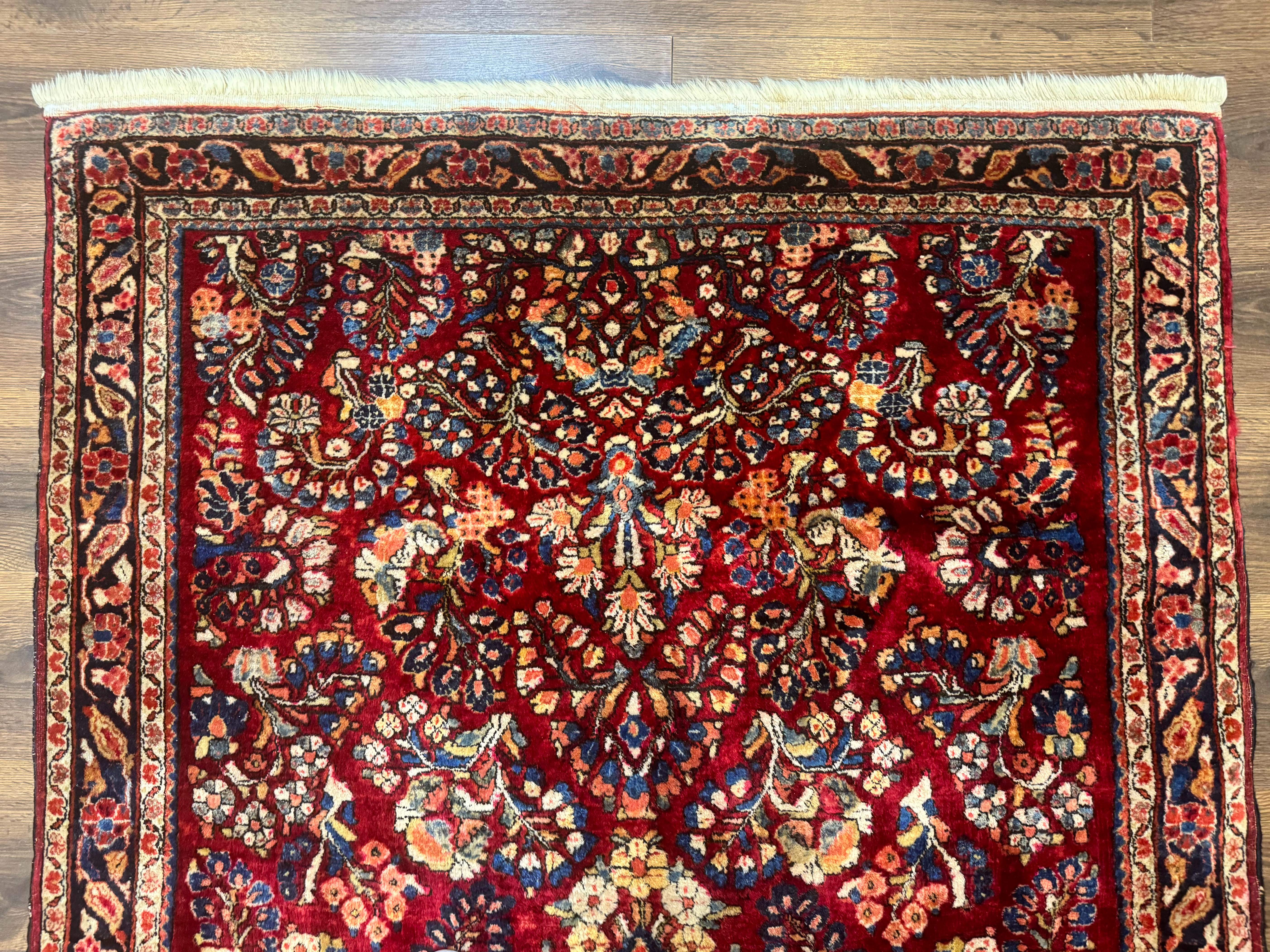 Antique Persian Sarouk Rug 4x6, Floral, Red, Wool Hand Knotted Fine 225 KPSI - Image 3