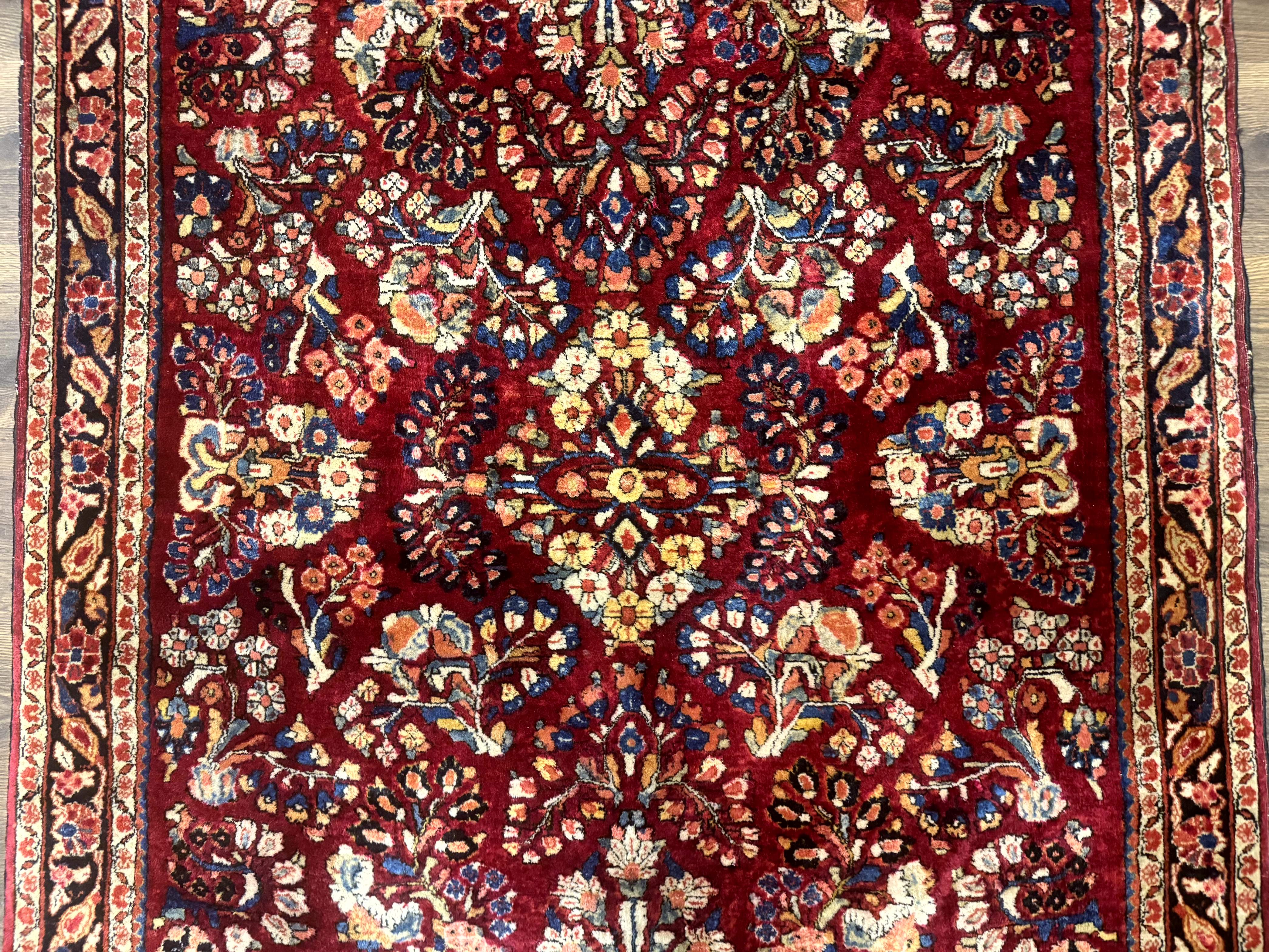 Antique Persian Sarouk Rug 4x6, Floral, Red, Wool Hand Knotted Fine 225 KPSI - Image 4