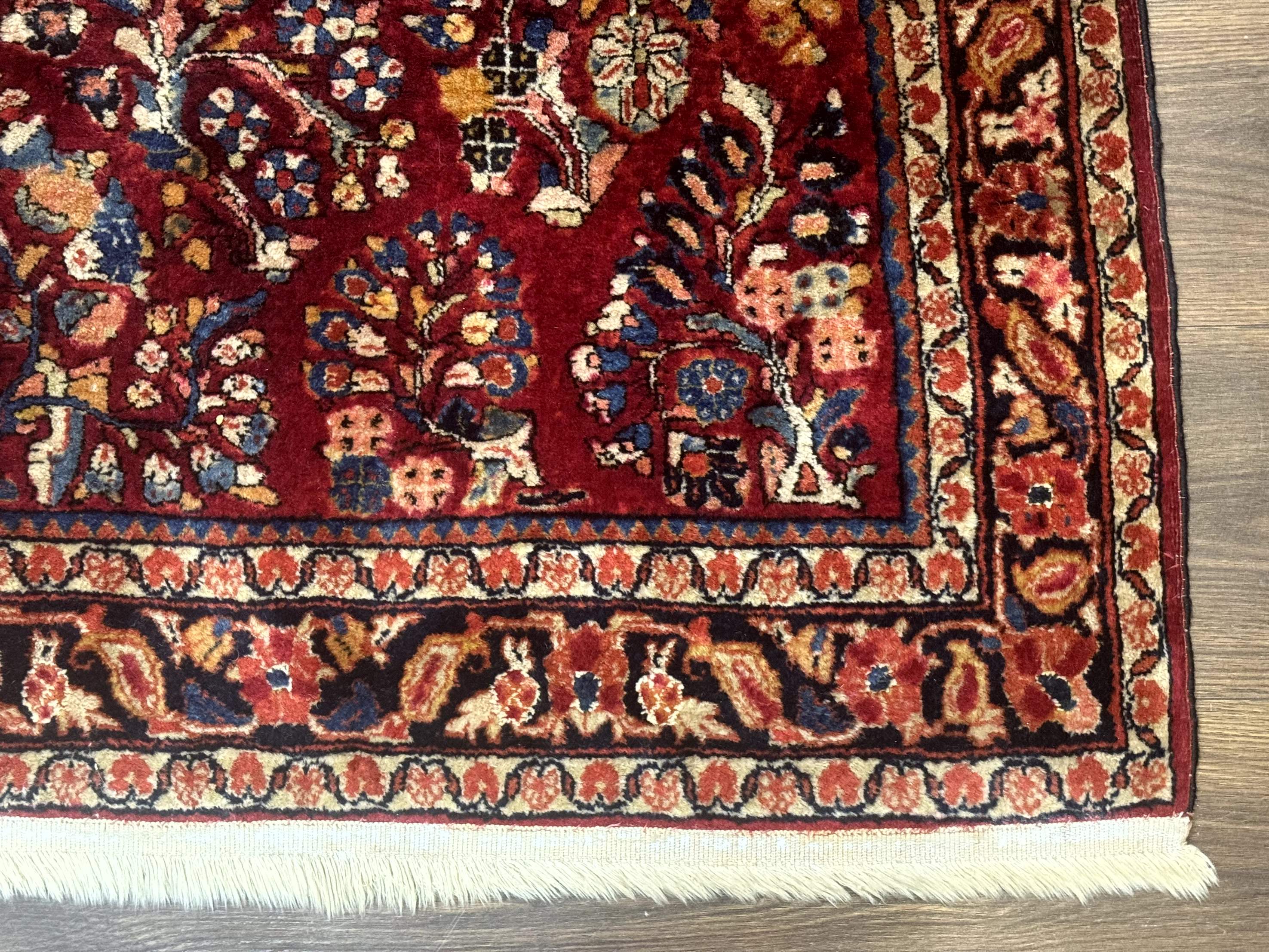 Antique Persian Sarouk Rug 4x6, Floral, Red, Wool Hand Knotted Fine 225 KPSI - Image 9