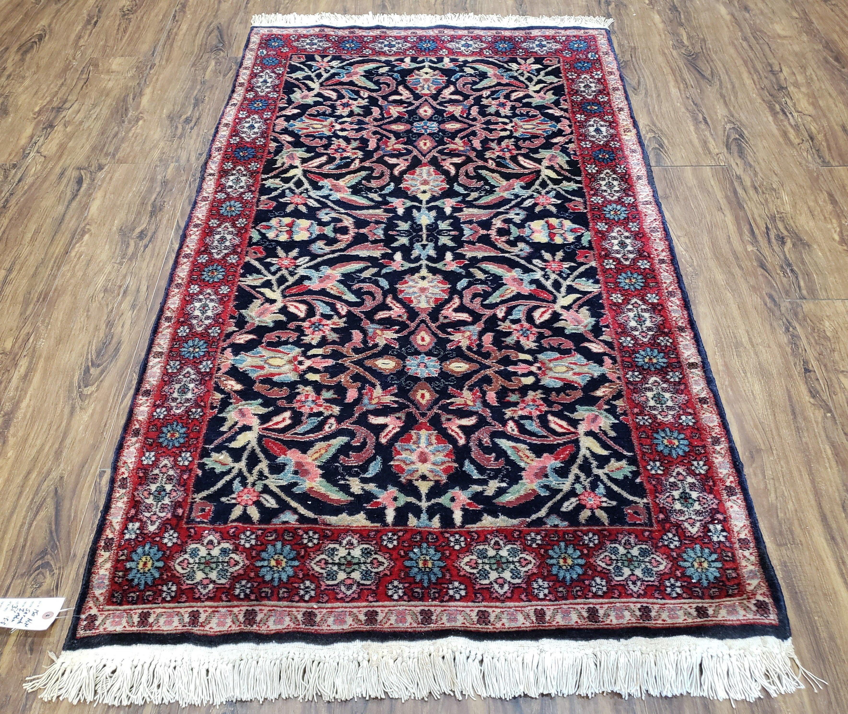 Antique Persian Sarouk Rug 3x5, Navy Blue, Allover Pattern, Hand Knotted