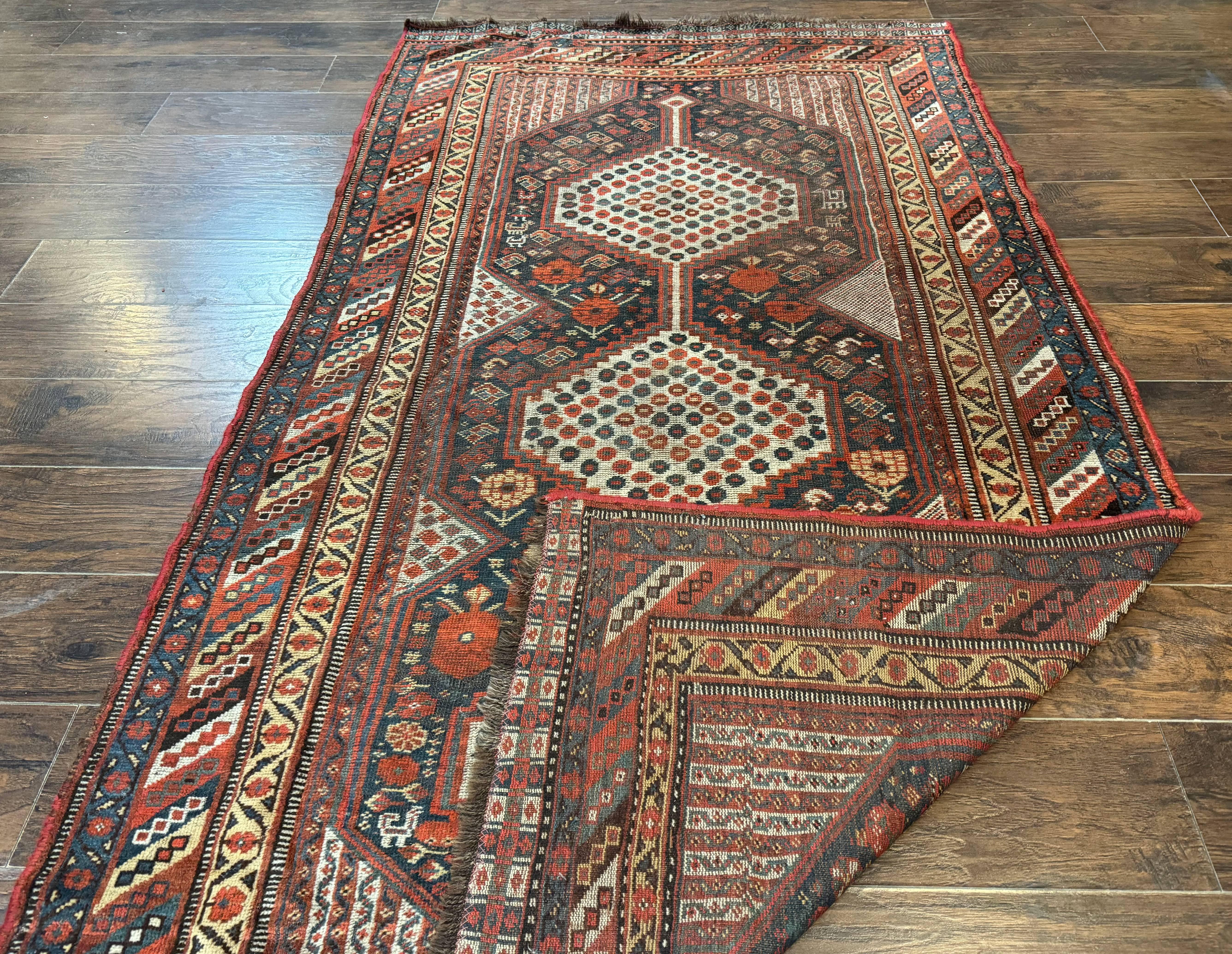 Antique Persian Shiraz Rug 5x8, Khamseh Tribal Wool 1920s Carpet, Navy Blue - Image 11