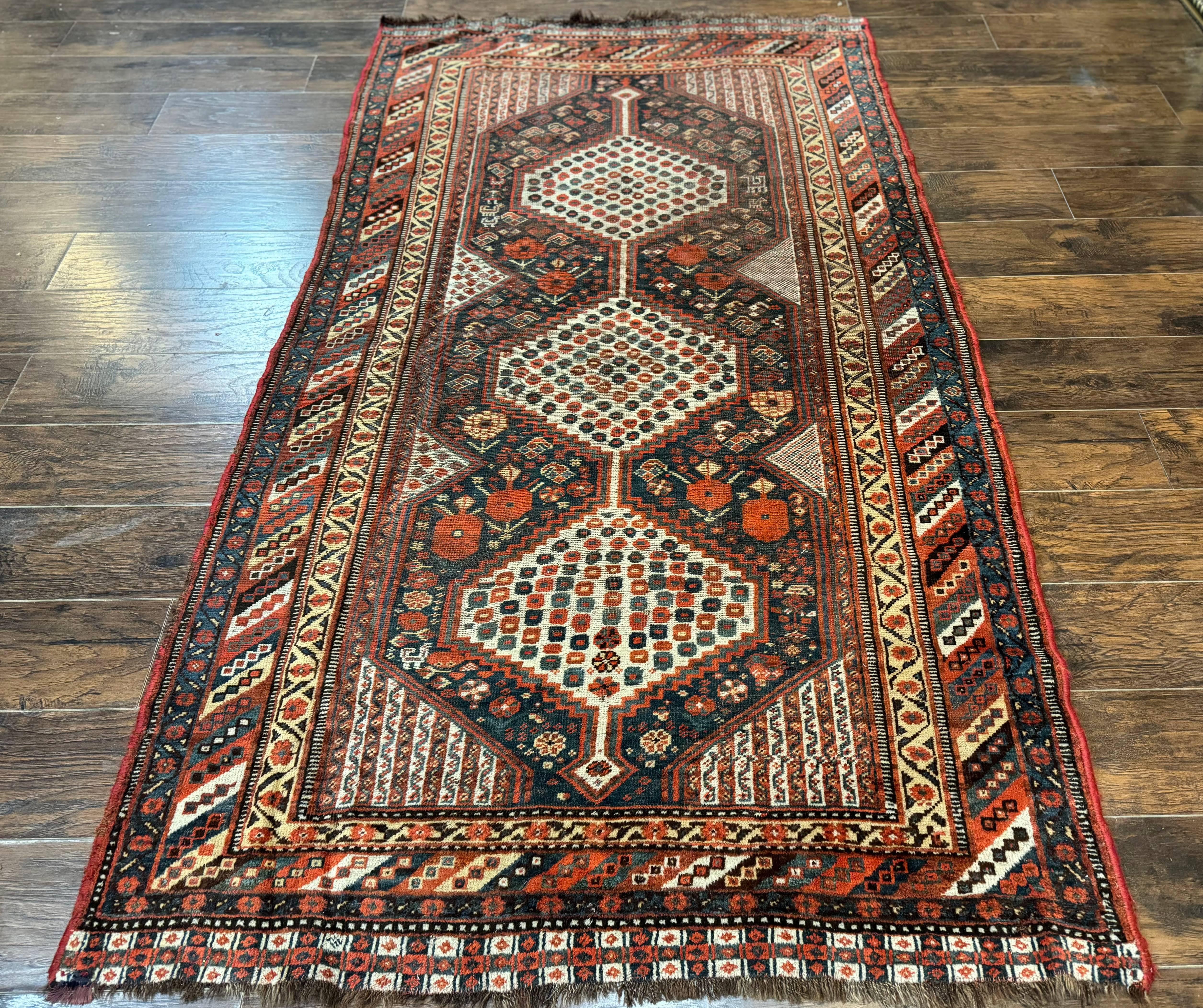 Antique Persian Shiraz Rug 5x8, Khamseh Tribal Wool 1920s Carpet, Navy Blue - Image 12