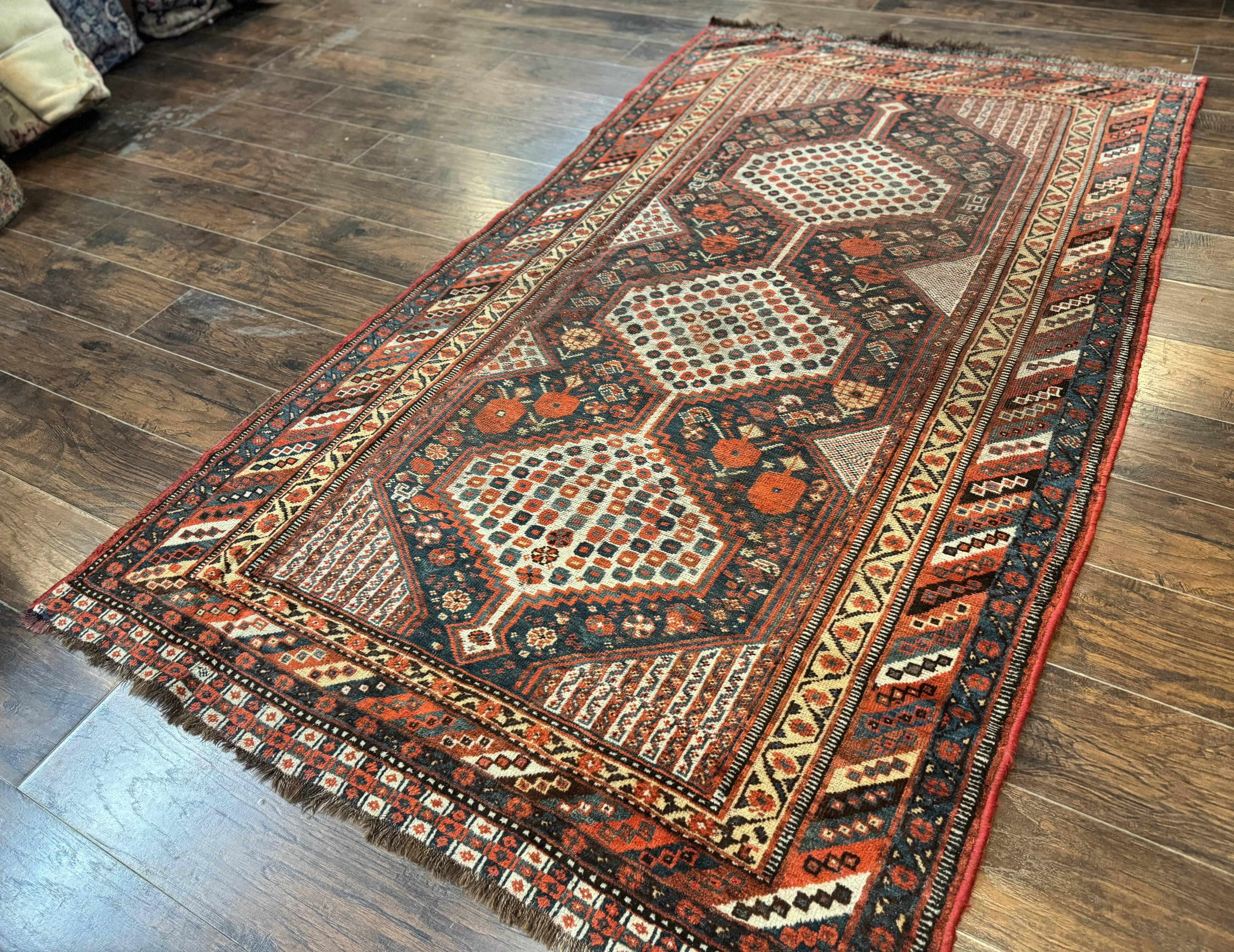 Antique Persian Shiraz Rug 5x8, Khamseh Tribal Wool 1920s Carpet, Navy Blue - Image 2