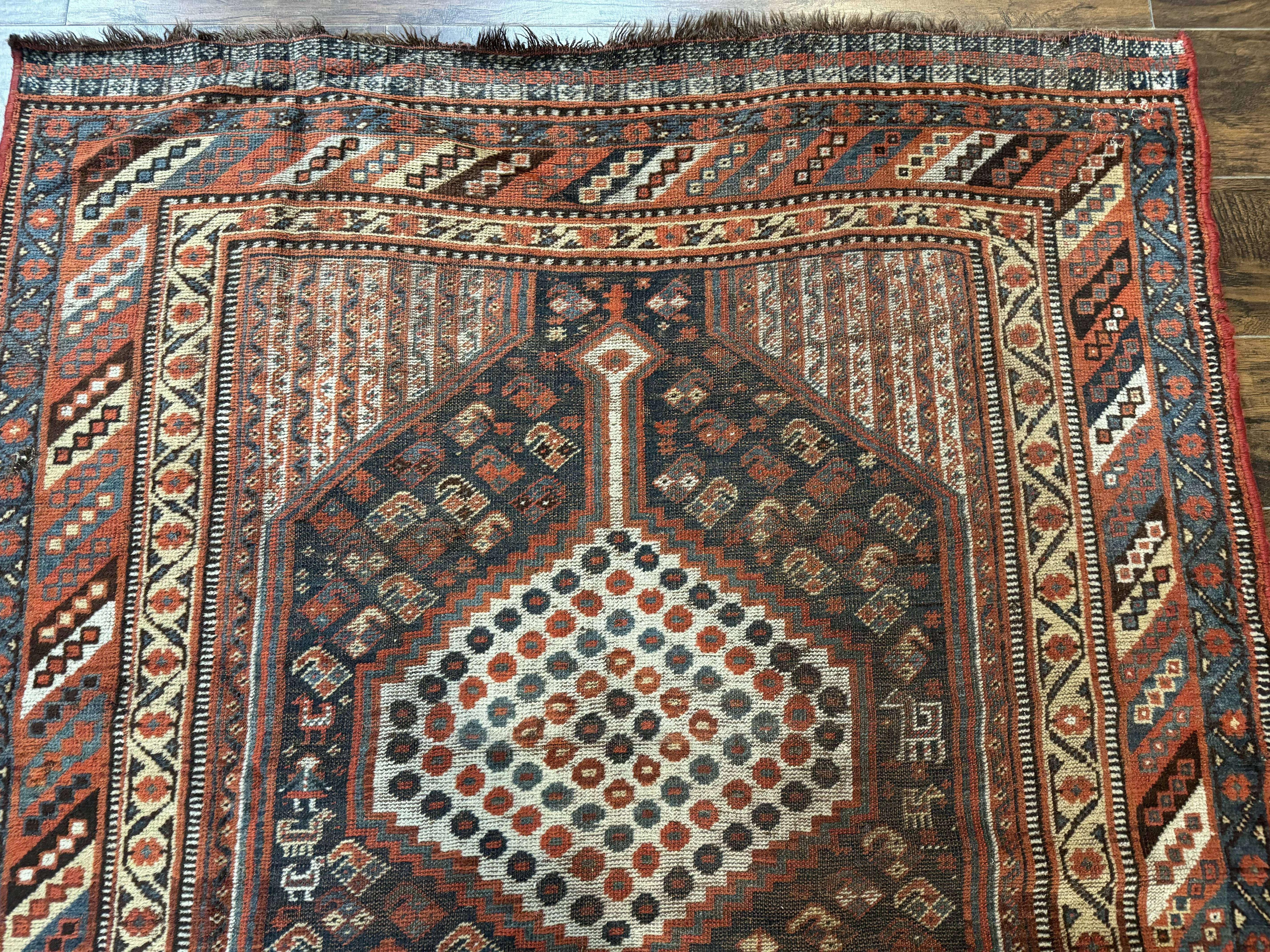 Antique Persian Shiraz Rug 5x8, Khamseh Tribal Wool 1920s Carpet, Navy Blue - Image 3