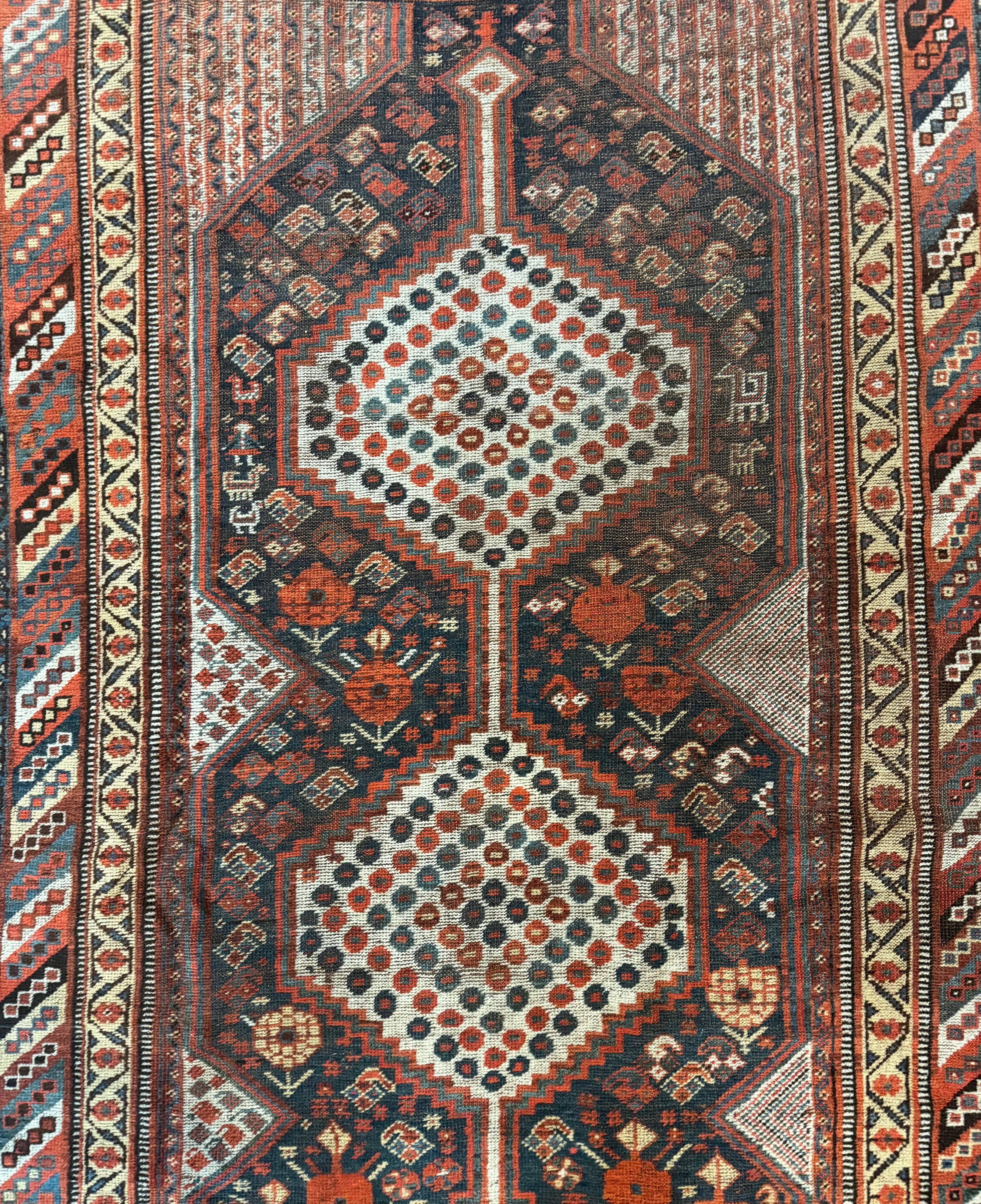 Antique Persian Shiraz Rug 5x8, Khamseh Tribal Wool 1920s Carpet, Navy Blue - Image 4