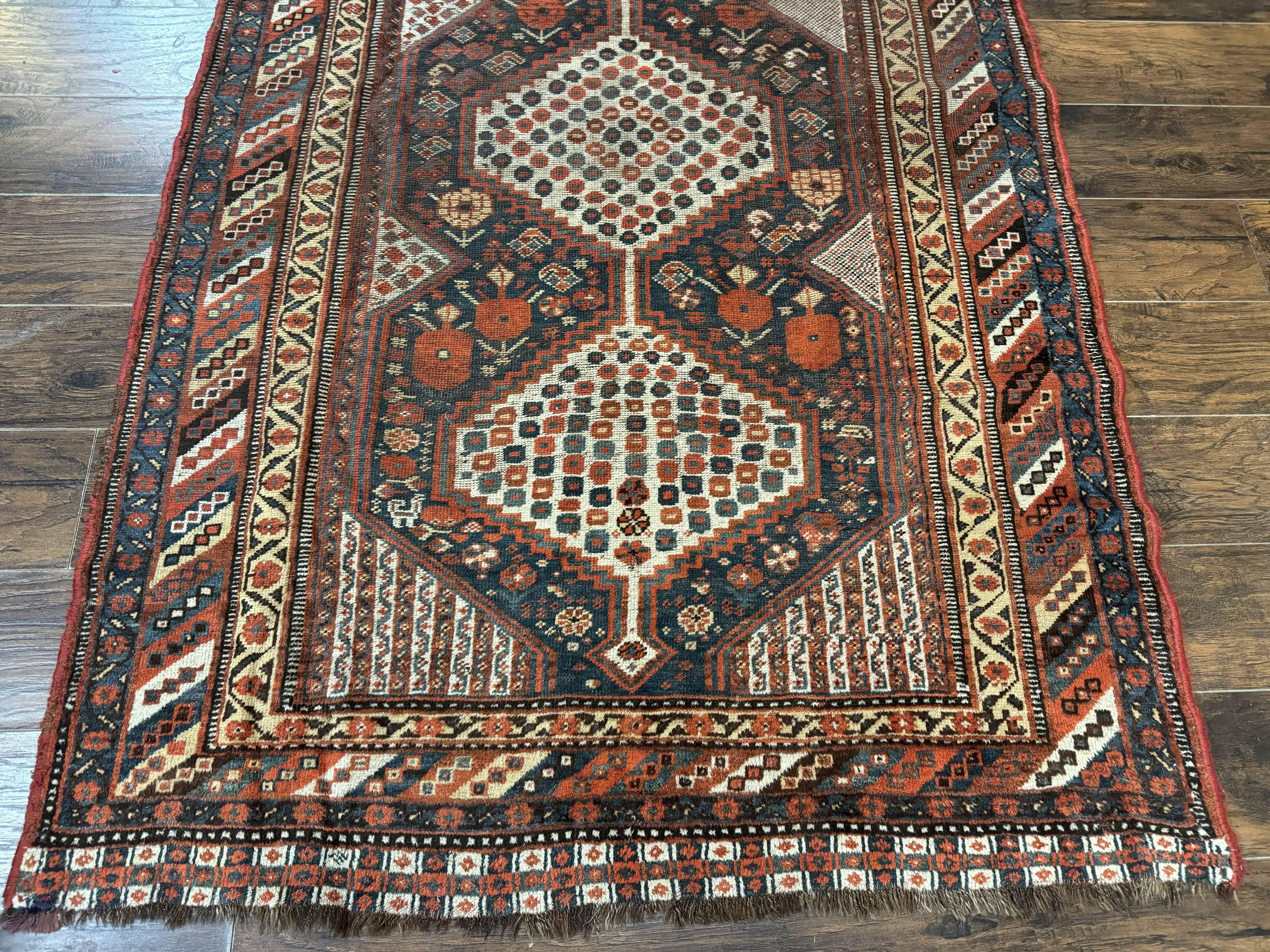 Antique Persian Shiraz Rug 5x8, Khamseh Tribal Wool 1920s Carpet, Navy Blue - Image 5