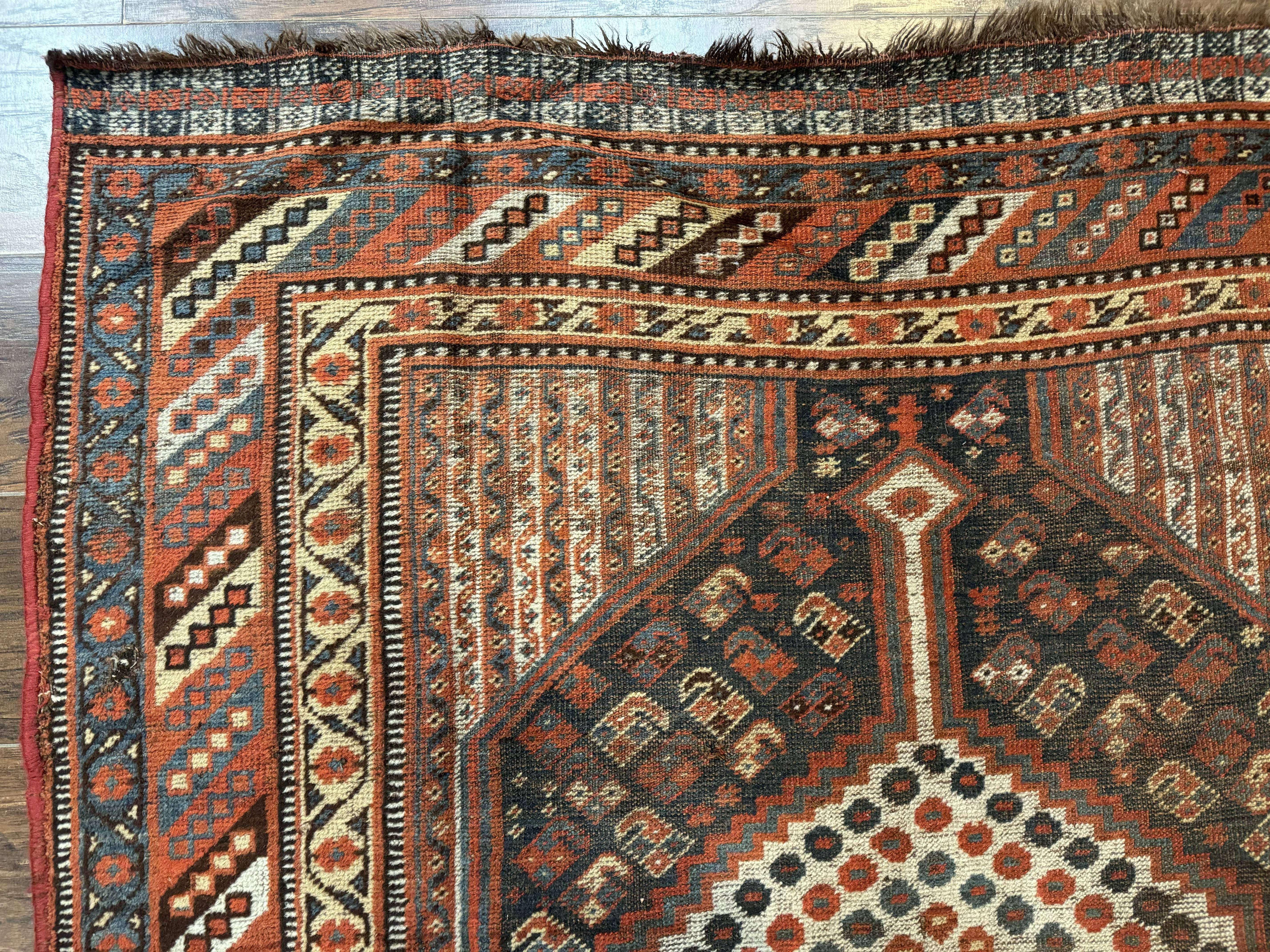 Antique Persian Shiraz Rug 5x8, Khamseh Tribal Wool 1920s Carpet, Navy Blue - Image 6