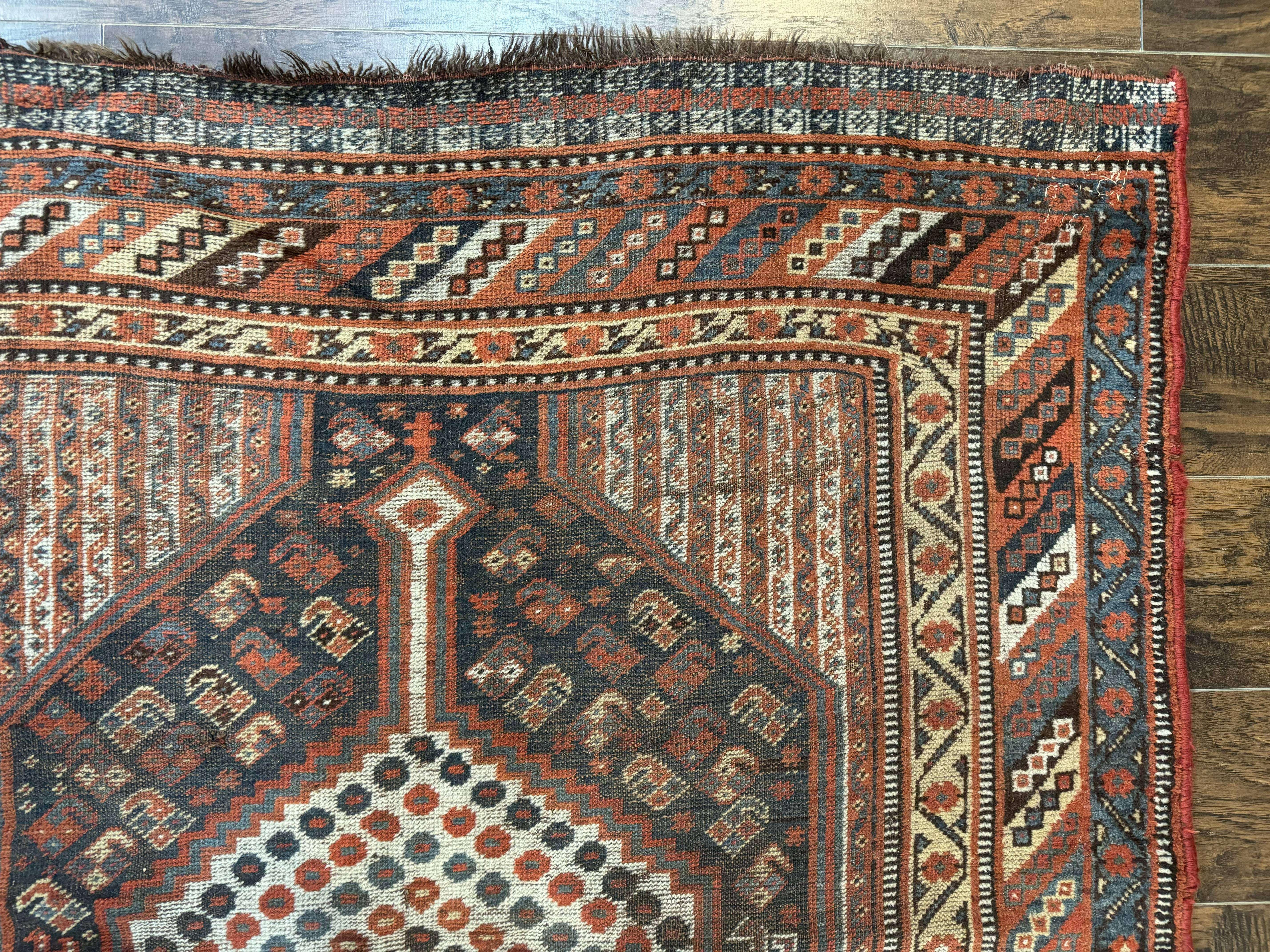 Antique Persian Shiraz Rug 5x8, Khamseh Tribal Wool 1920s Carpet, Navy Blue - Image 7