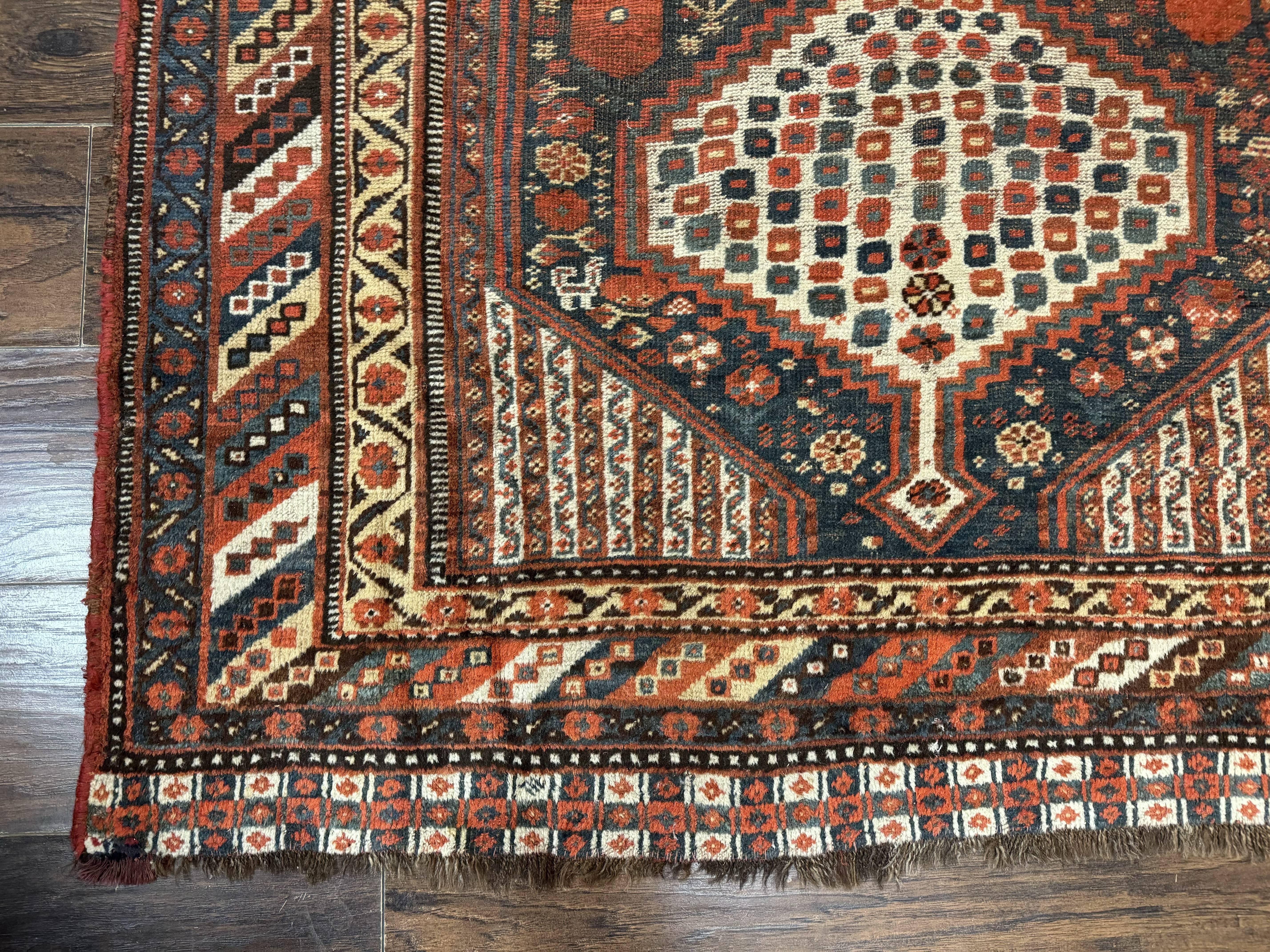 Antique Persian Shiraz Rug 5x8, Khamseh Tribal Wool 1920s Carpet, Navy Blue - Image 8