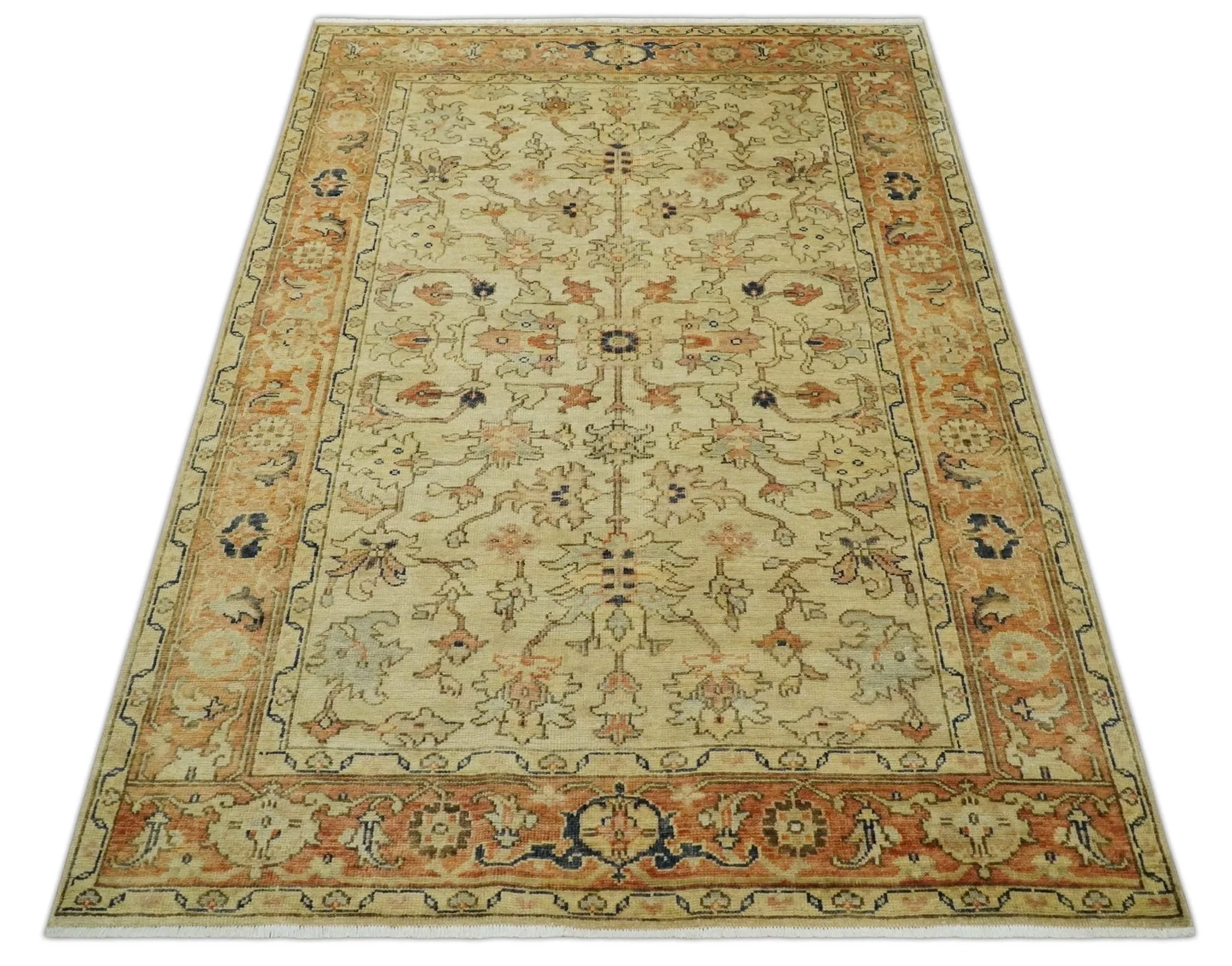 Antique Style Empress Tabriz 6x8 Hand Knotted Beige and Rust Modern Traditional Wool Rug | N35368 - Image 10