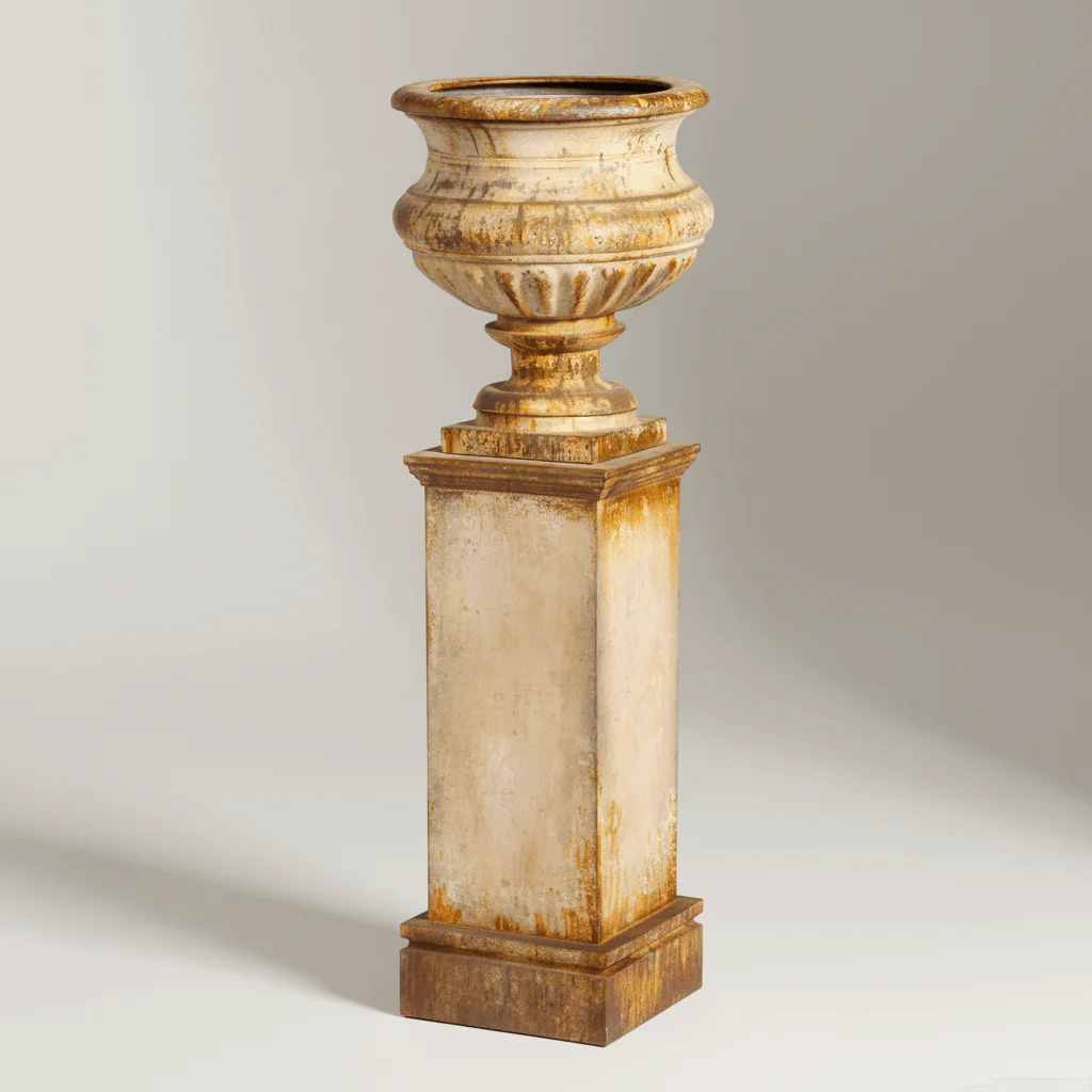 Antique-Style Iron Garden Urn with Tall Pedestal