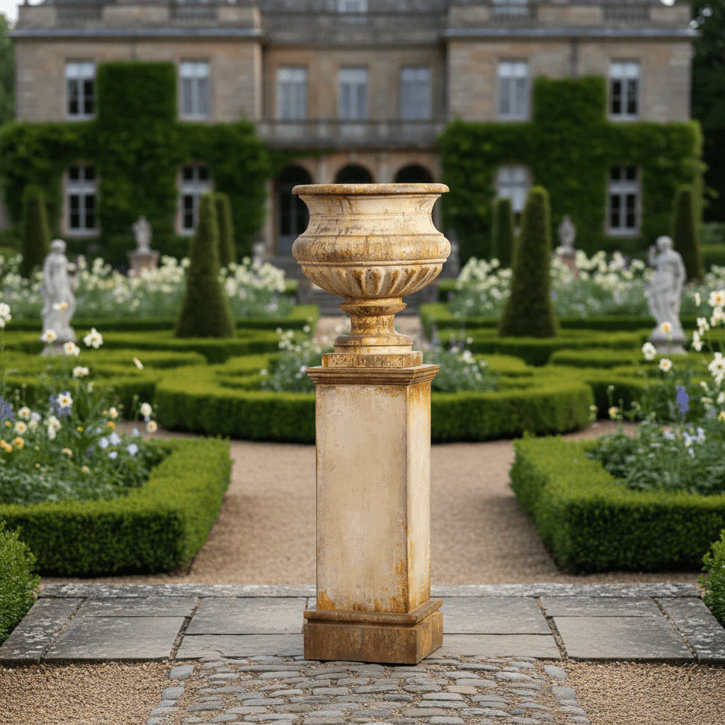 Antique-Style Iron Garden Urn with Tall Pedestal - Image 2