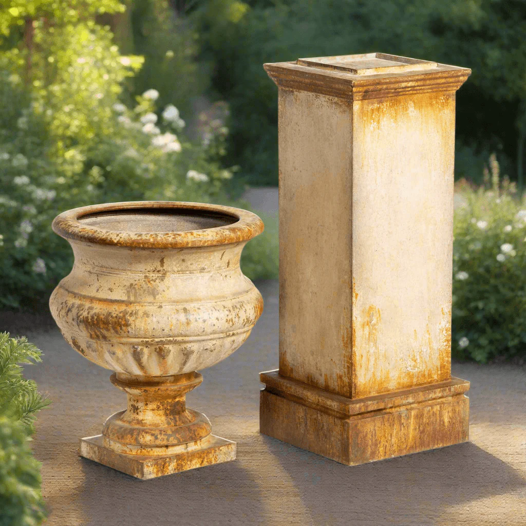Antique-Style Iron Garden Urn with Tall Pedestal - Image 3