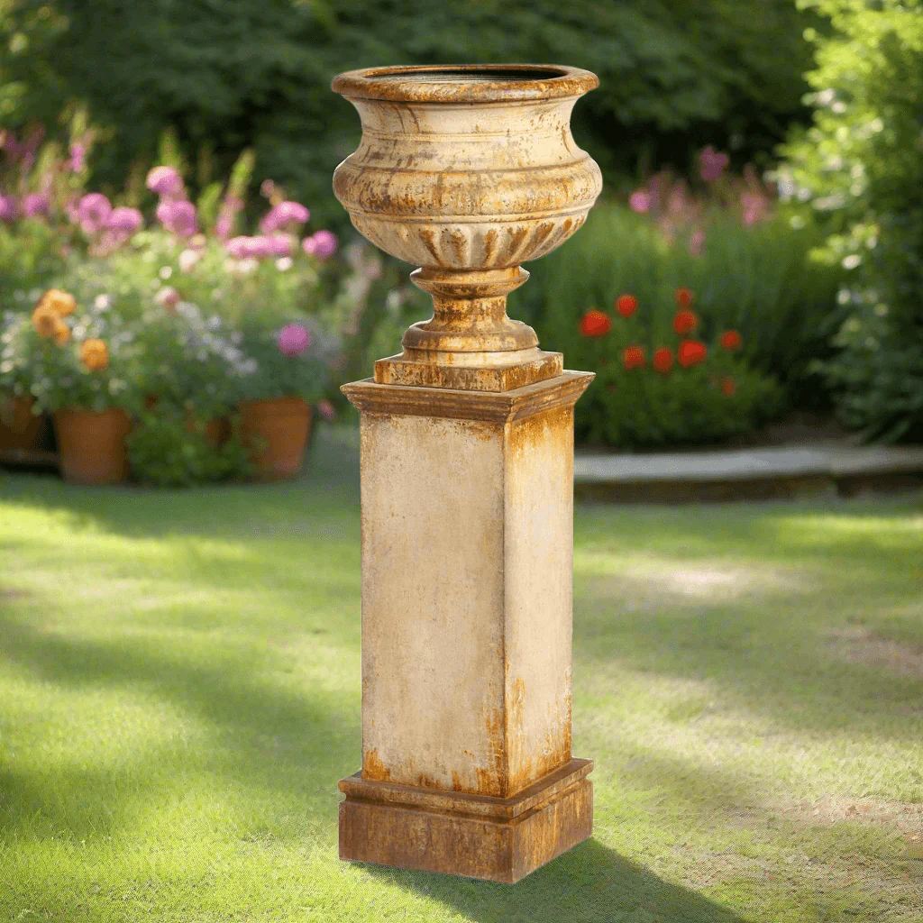 Antique-Style Iron Garden Urn with Tall Pedestal - Image 4