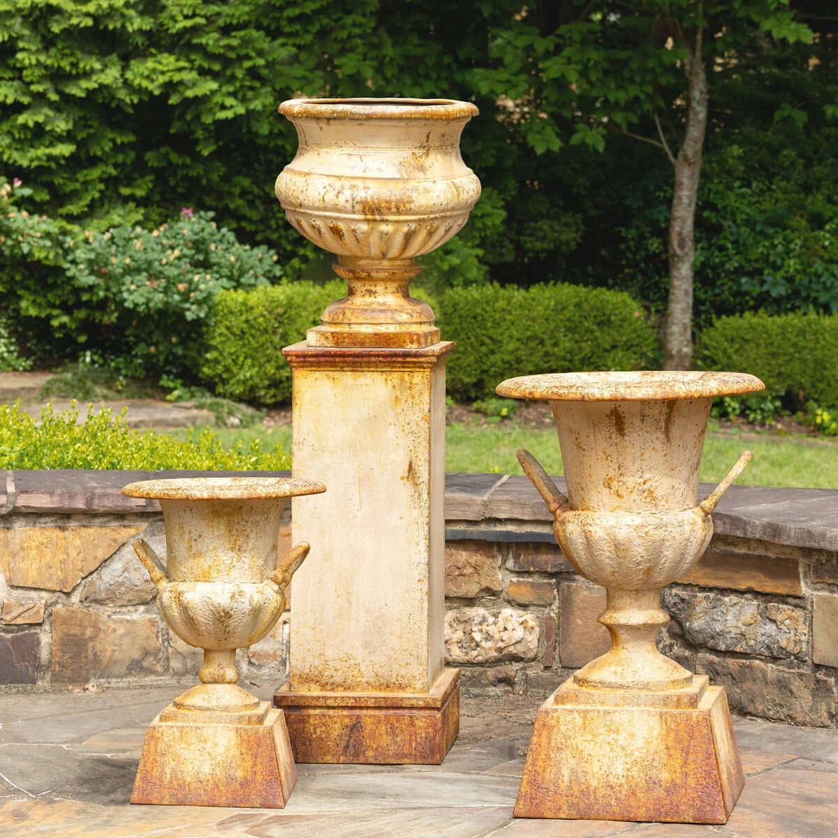 Antique-Style Iron Garden Urn with Tall Pedestal - Image 5