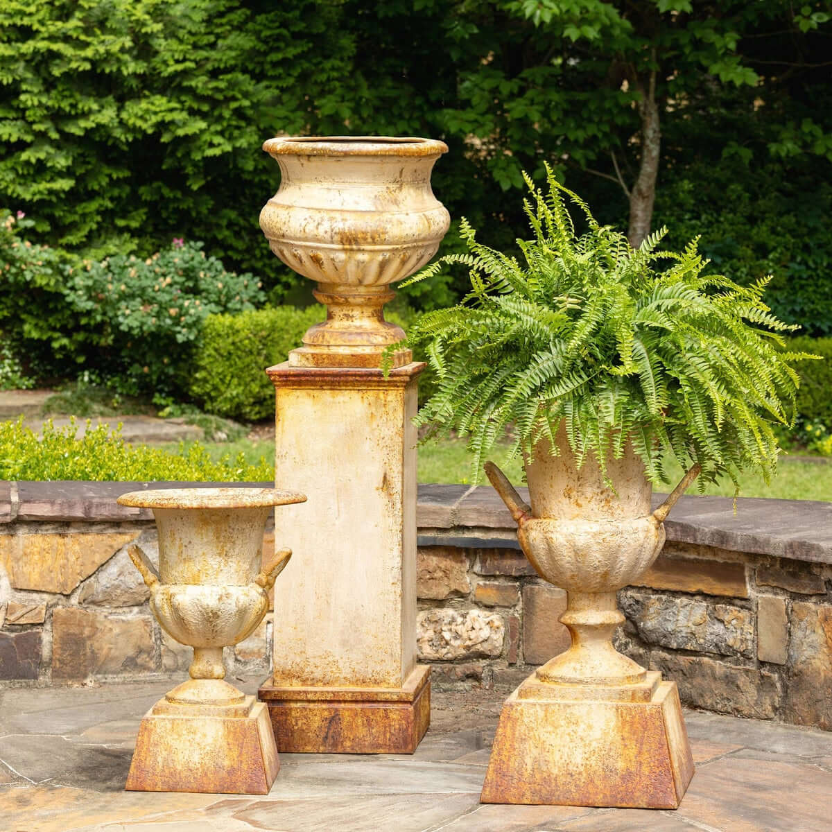 Antique-Style Iron Garden Urn with Tall Pedestal - Image 6
