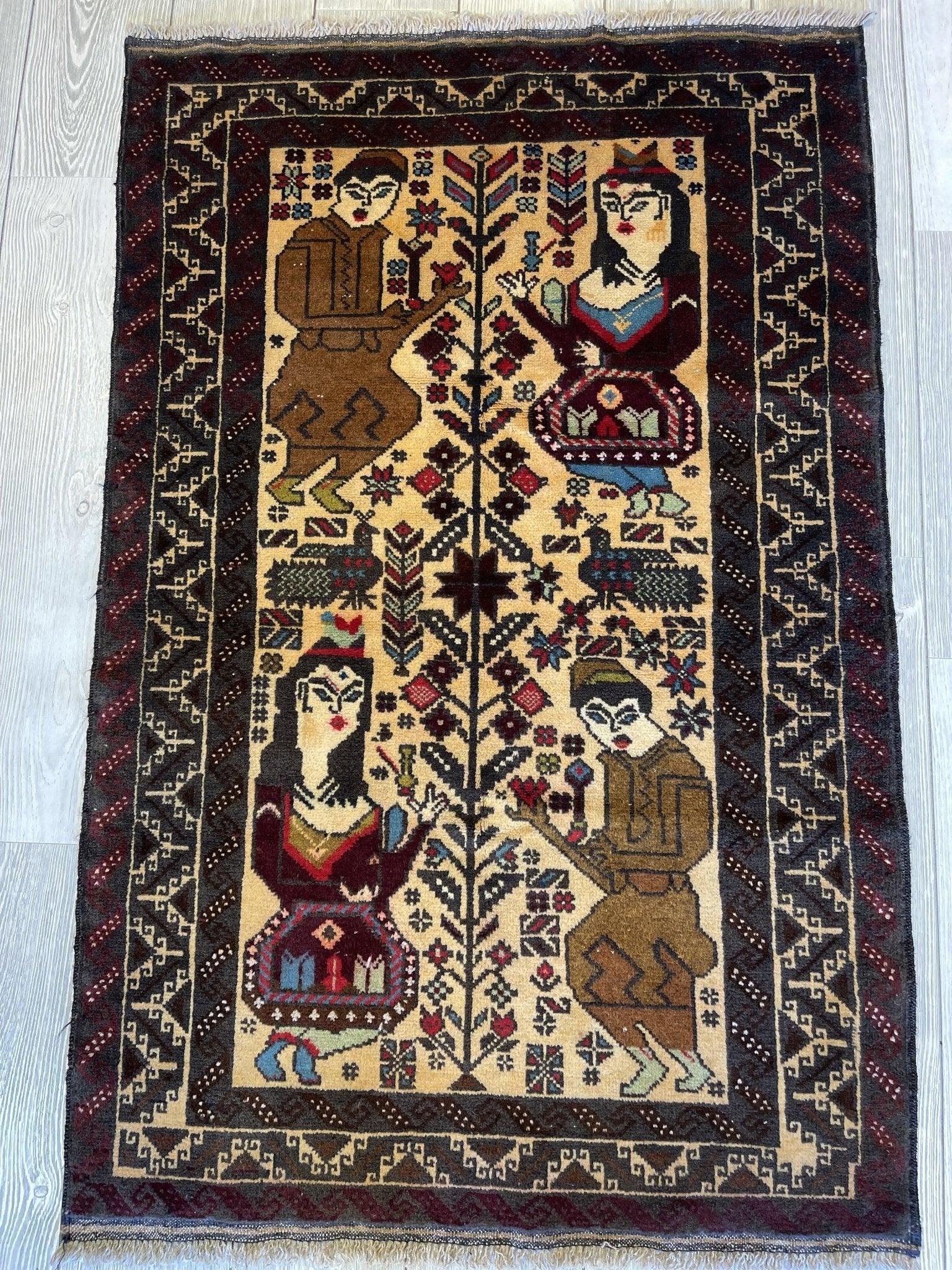 Antique Tribal Afghani Baluchi Laili Majnun Pictorial Rug 4.5x2.10 Ft - Image 2