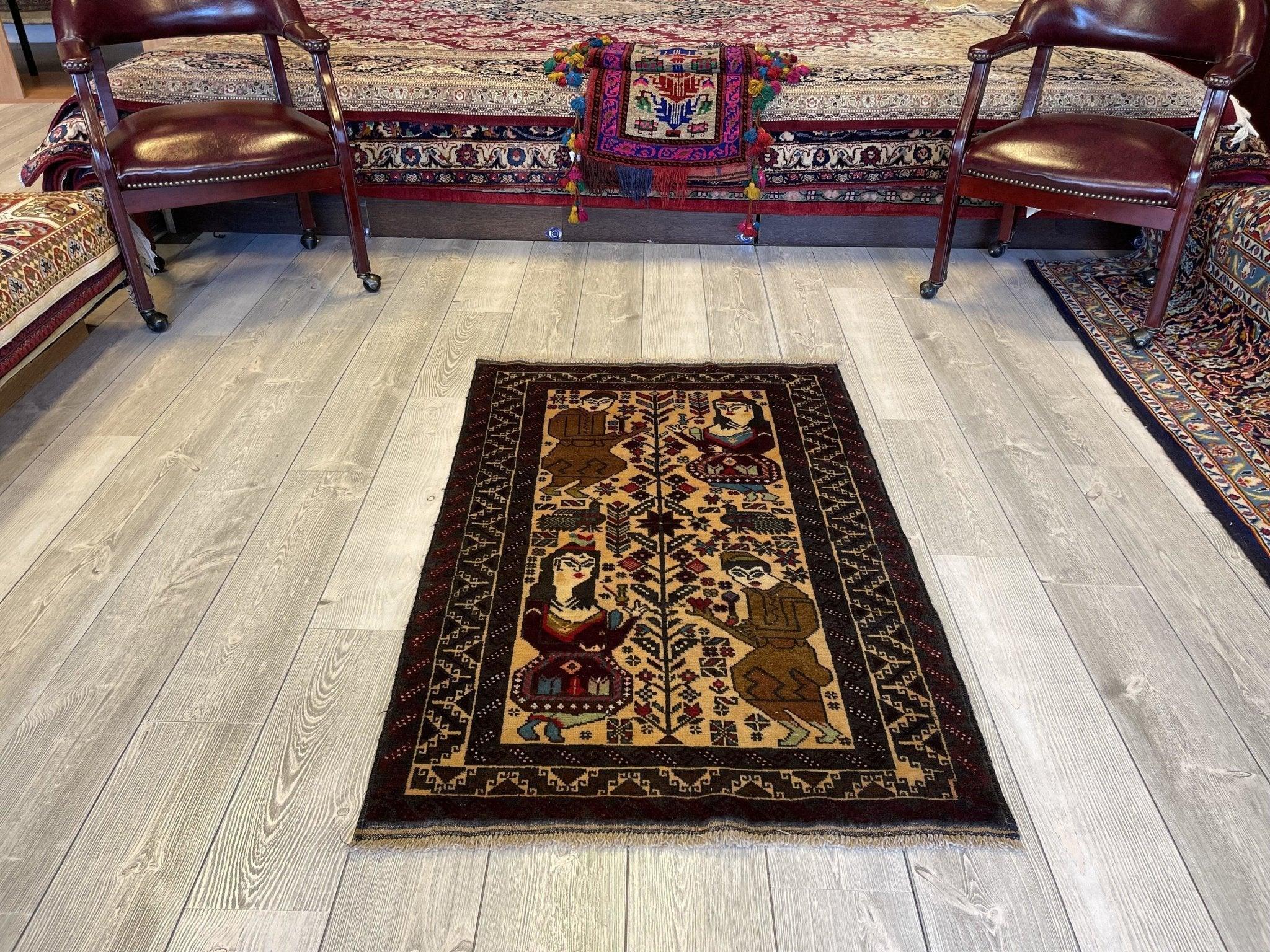 Antique Tribal Afghani Baluchi Laili Majnun Pictorial Rug 4.5x2.10 Ft - Image 3