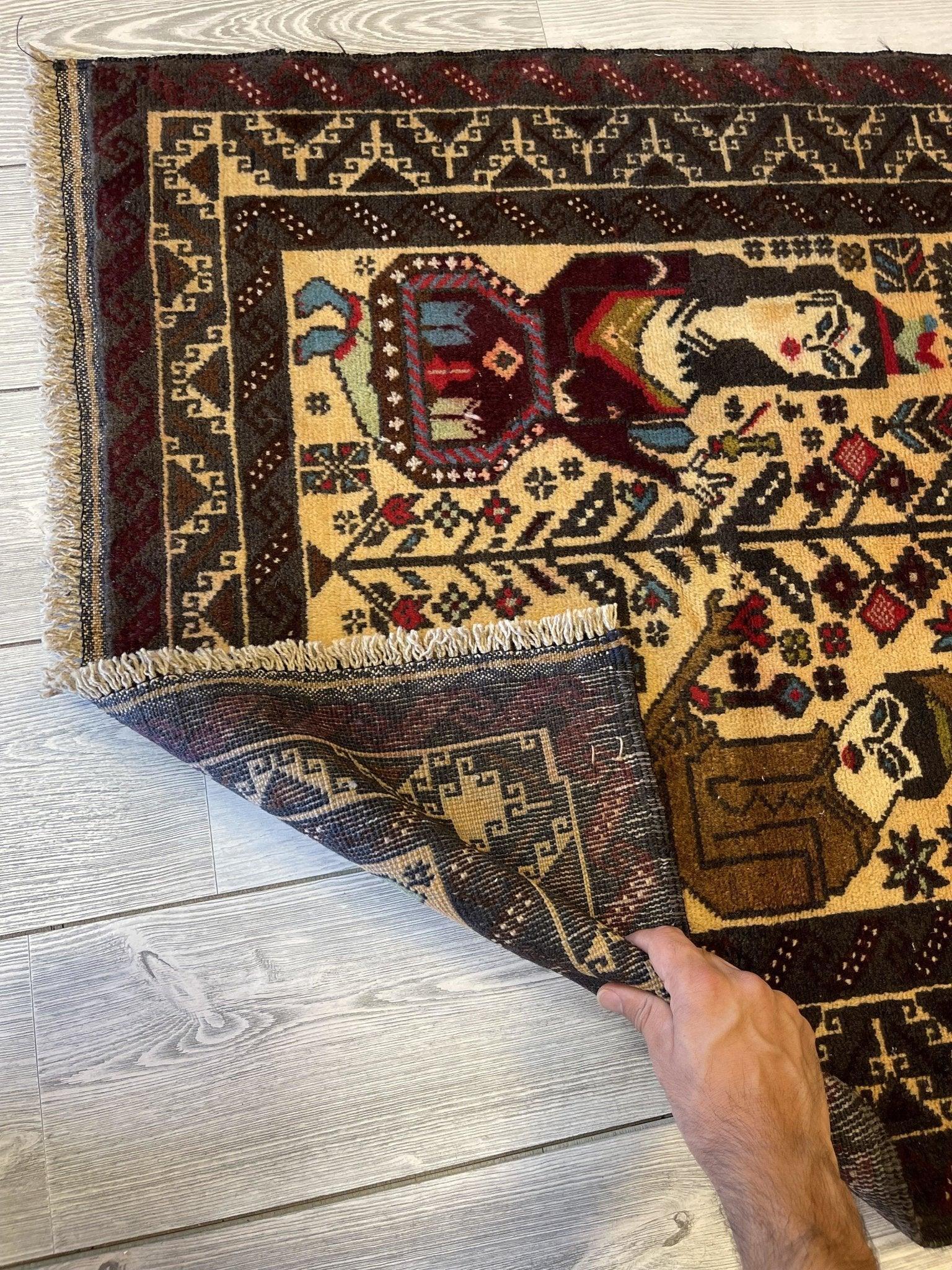 Antique Tribal Afghani Baluchi Laili Majnun Pictorial Rug 4.5x2.10 Ft - Image 4