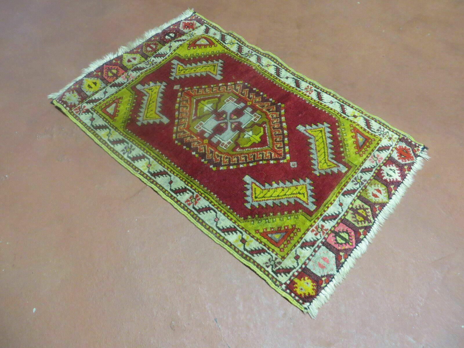 Antique Turkish Yastik Rug 2x3, Handmade Wool Oushak Small Oriental Carpet Red - Image 2