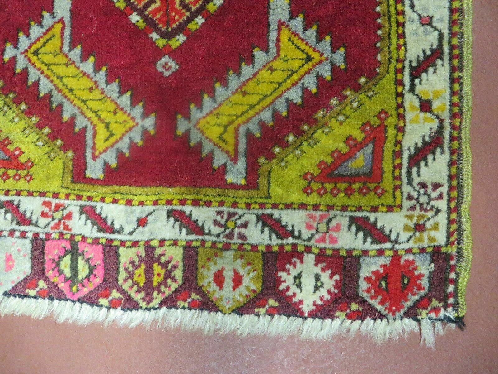 Antique Turkish Yastik Rug 2x3, Handmade Wool Oushak Small Oriental Carpet Red - Image 6