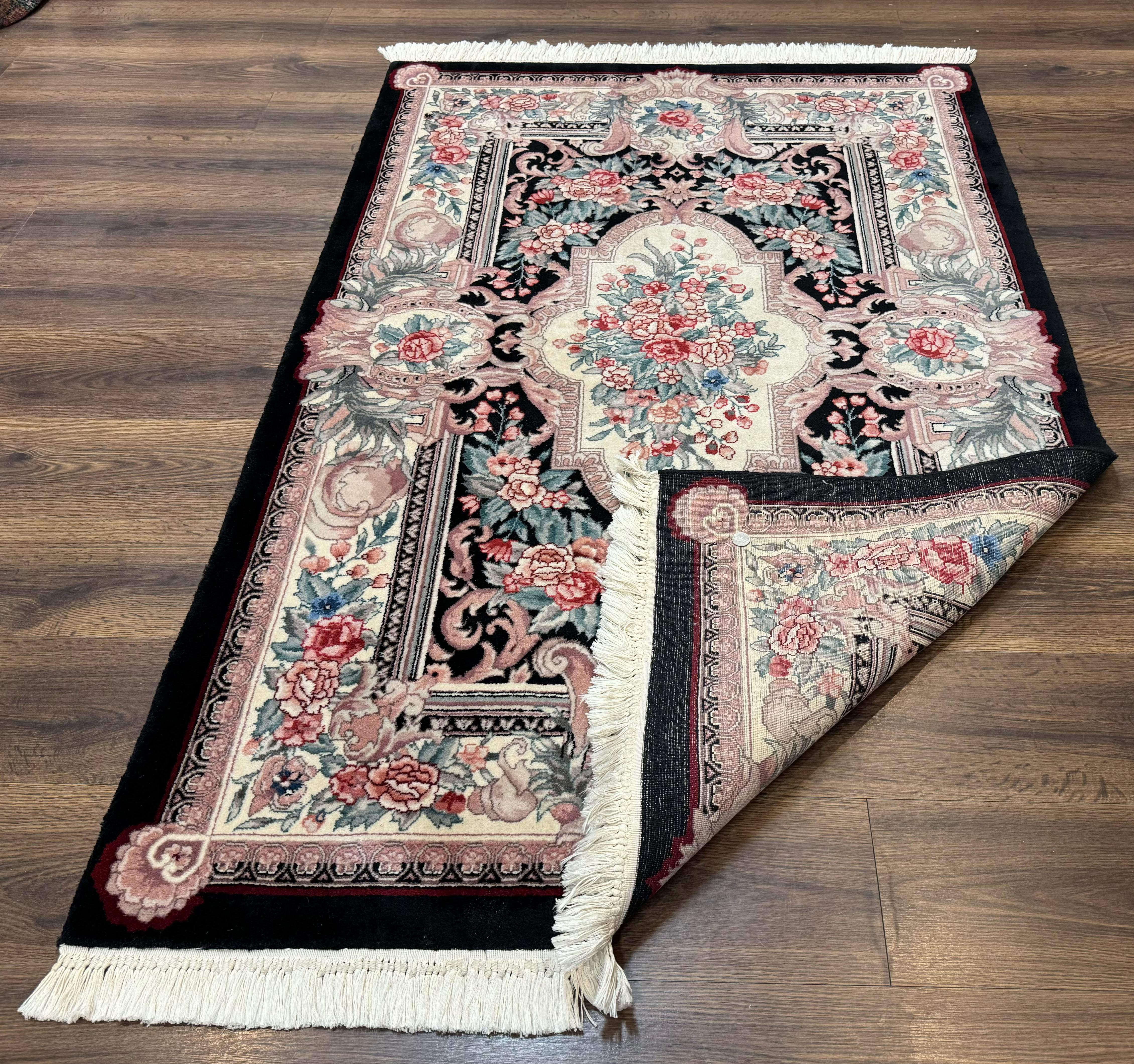 Aubusson Rug 4x6, Elegant European Floral Design, Black and Ivory, Fine 200 KPSI - Image 11