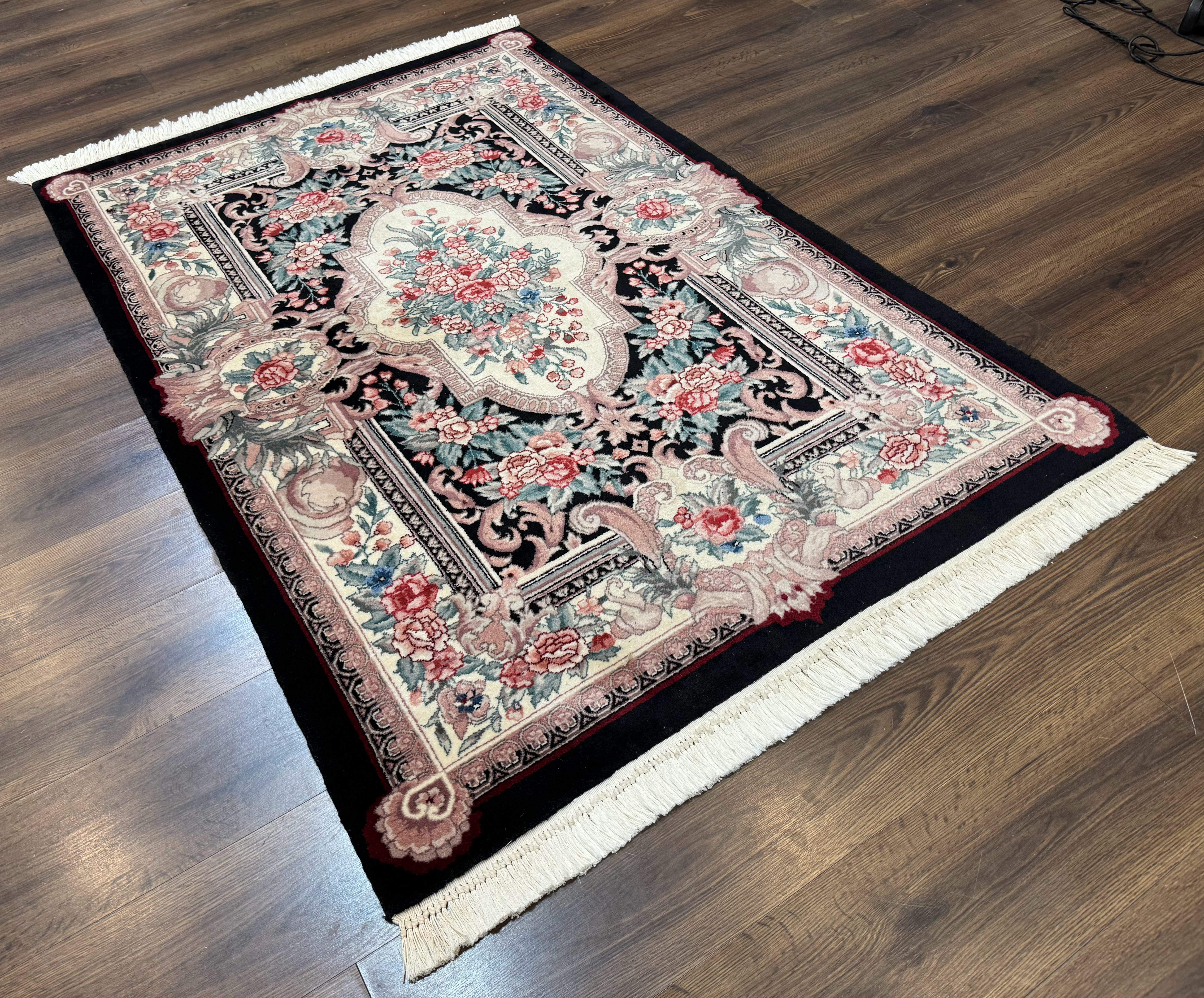Aubusson Rug 4x6, Elegant European Floral Design, Black and Ivory, Fine 200 KPSI - Image 12