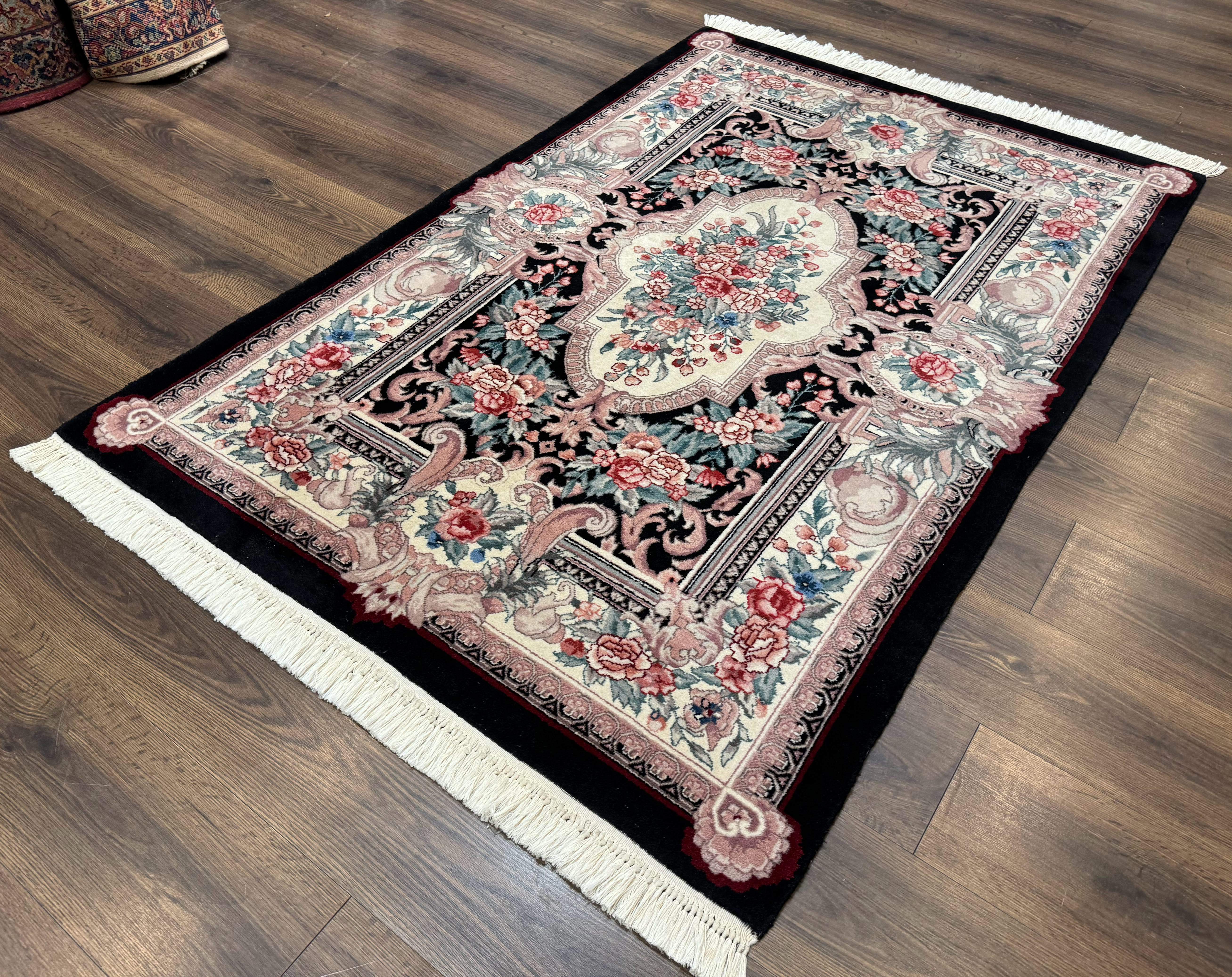 Aubusson Rug 4x6, Elegant European Floral Design, Black and Ivory, Fine 200 KPSI - Image 2