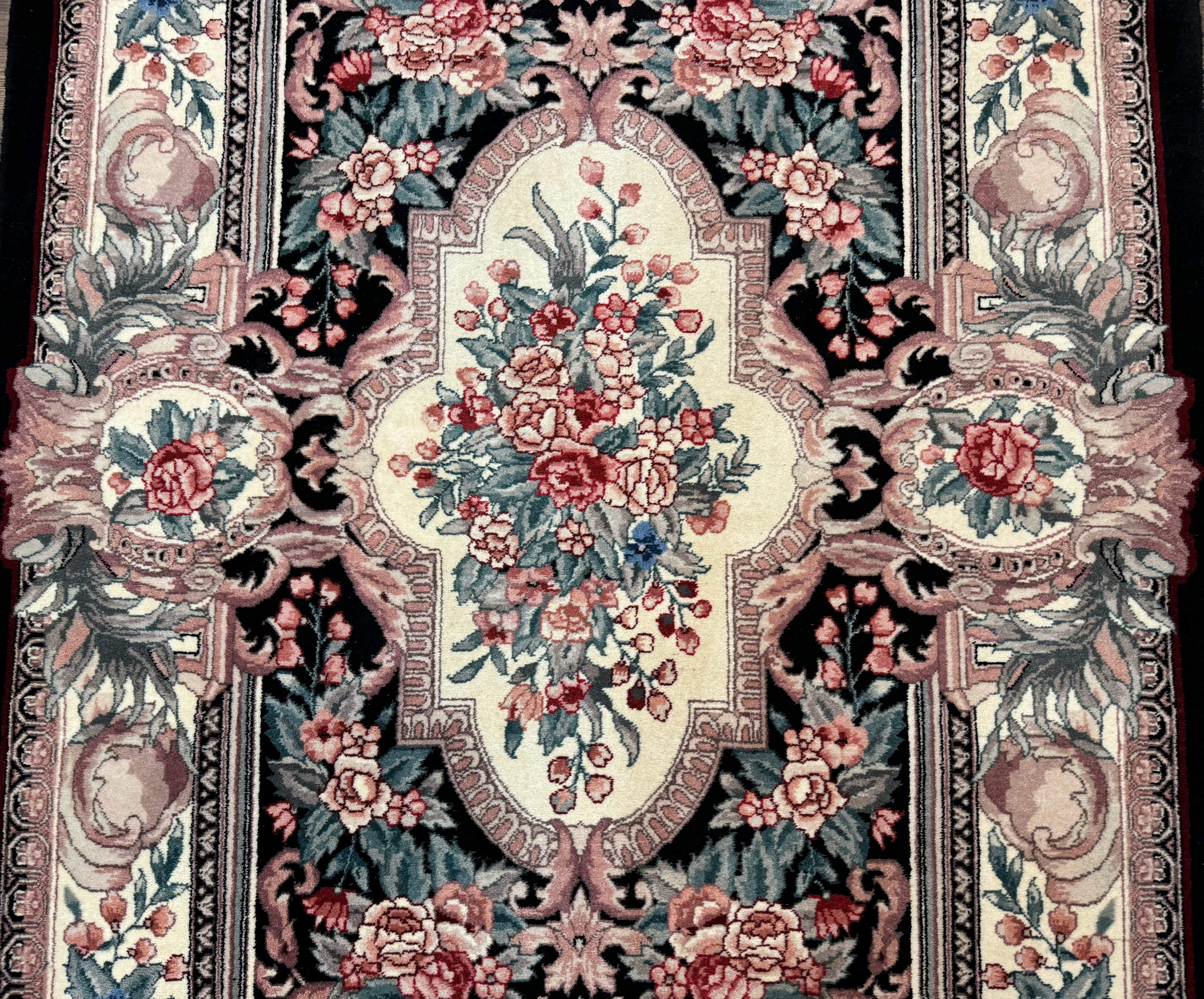 Aubusson Rug 4x6, Elegant European Floral Design, Black and Ivory, Fine 200 KPSI - Image 4