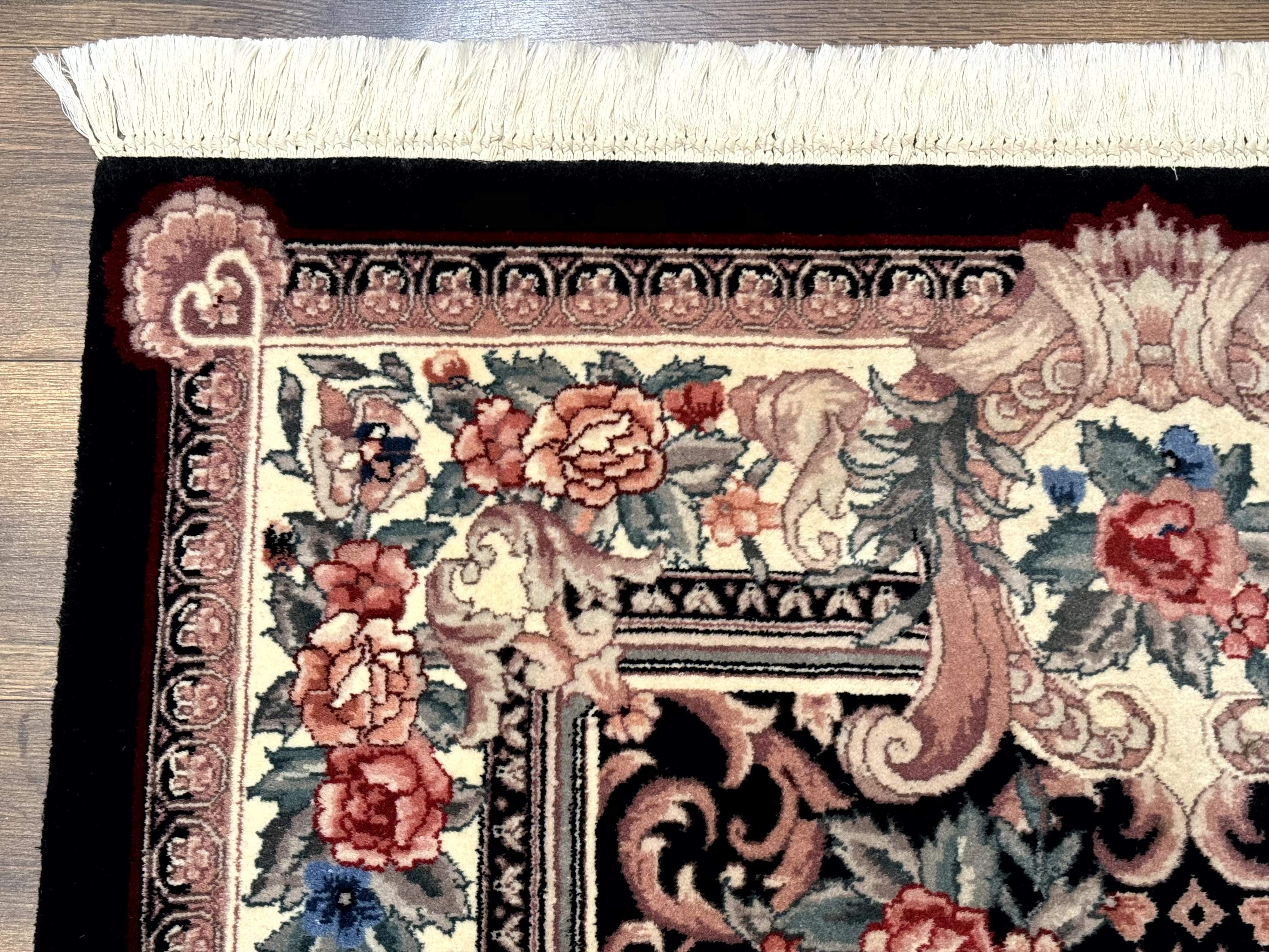Aubusson Rug 4x6, Elegant European Floral Design, Black and Ivory, Fine 200 KPSI - Image 6