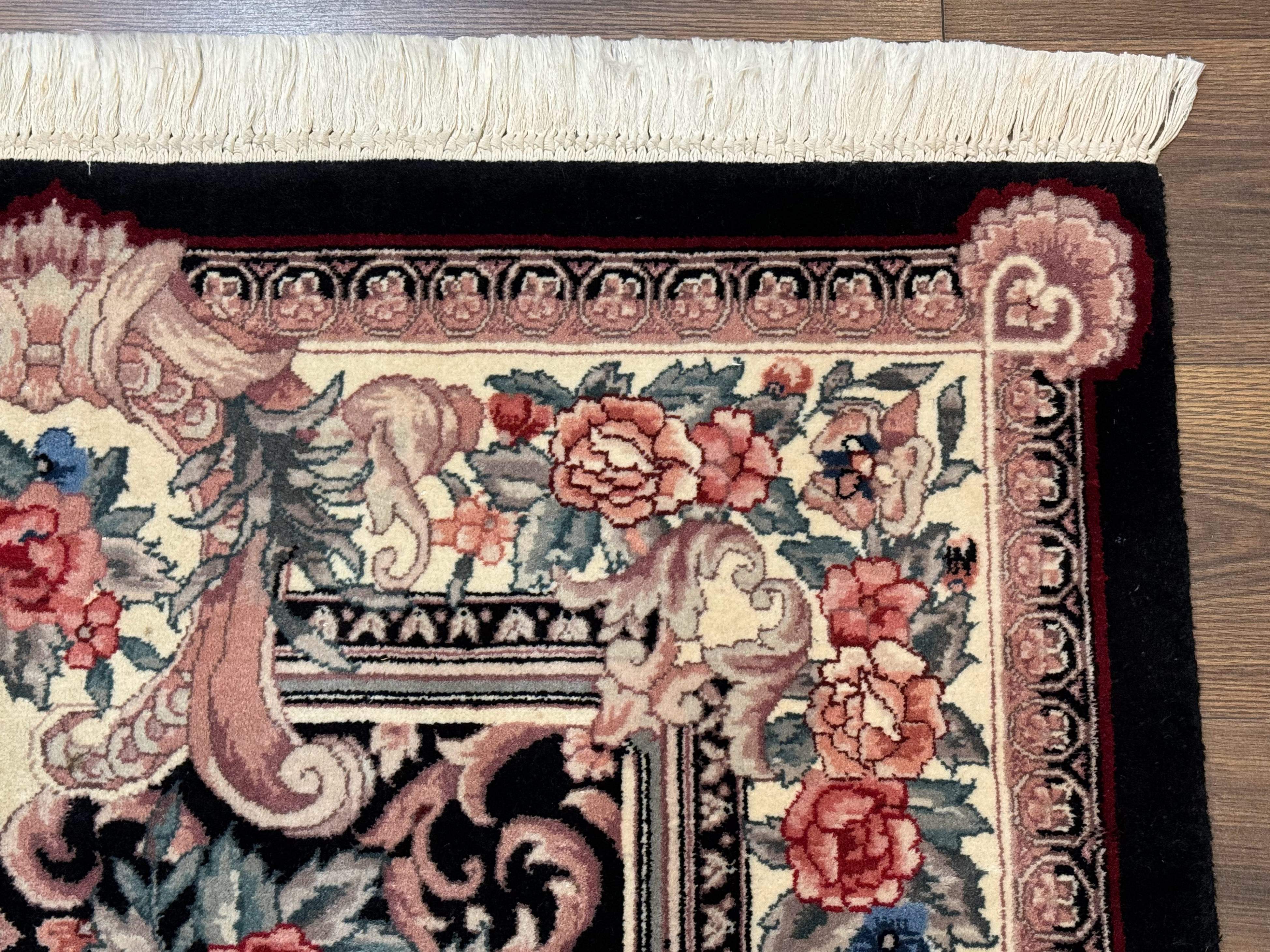 Aubusson Rug 4x6, Elegant European Floral Design, Black and Ivory, Fine 200 KPSI - Image 7