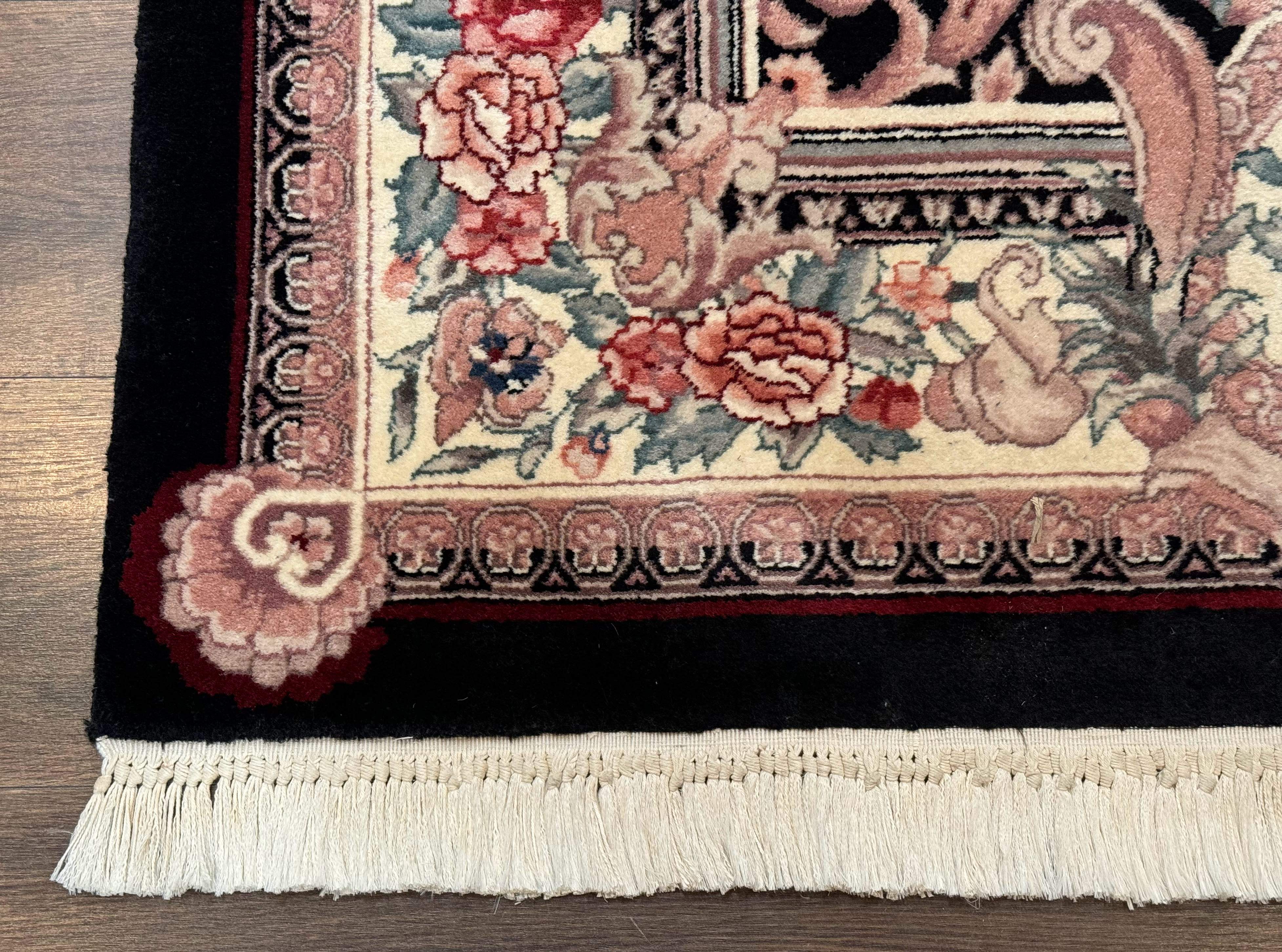 Aubusson Rug 4x6, Elegant European Floral Design, Black and Ivory, Fine 200 KPSI - Image 8